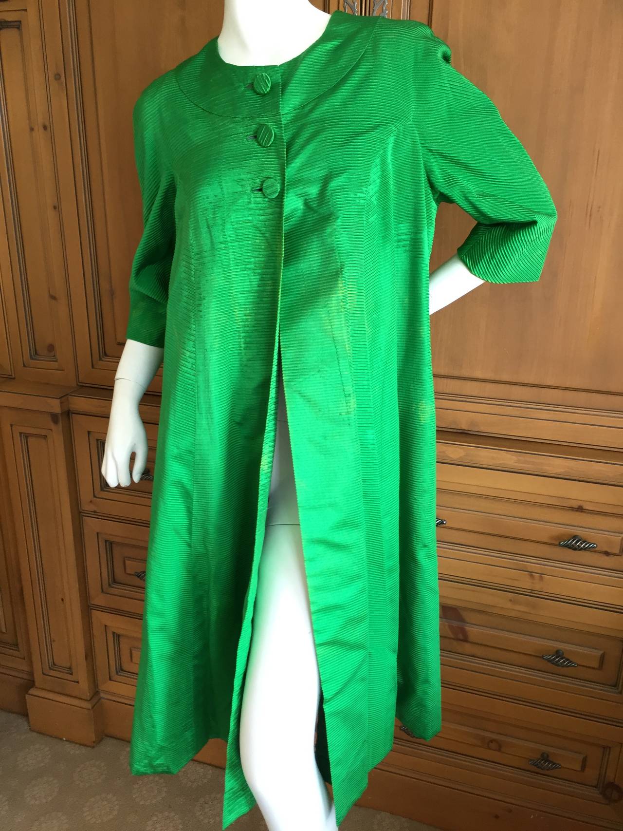 Sophie of Saks Couture 1940 Emerald Green Silk Swing Coat For Sale 2