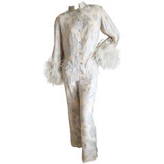 Jean Louis Couture Silver & Gold Silk Evening Pajamas w. Ostrich Cuffs