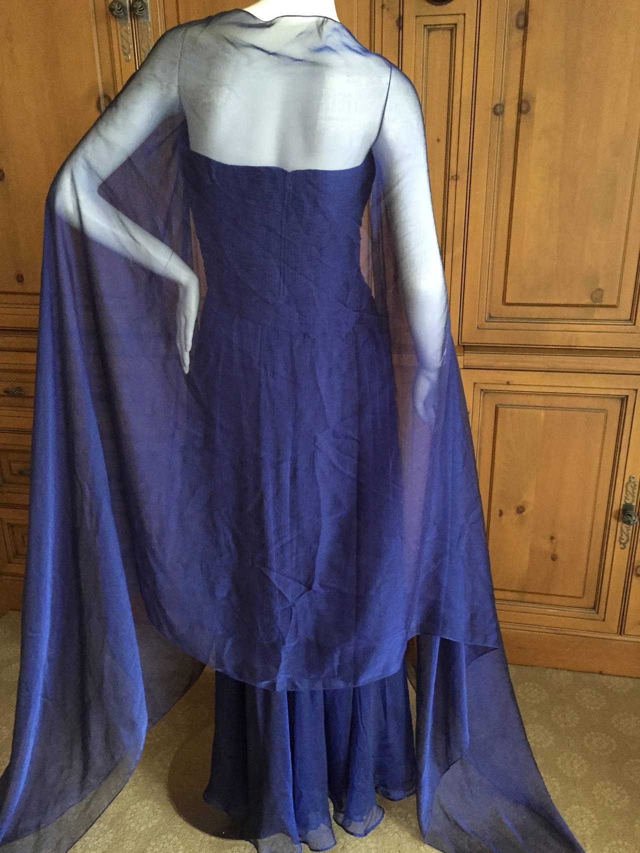 Oscar de la Renta Midnight Blue Ruched Dress w Matching Cape In Excellent Condition In Cloverdale, CA