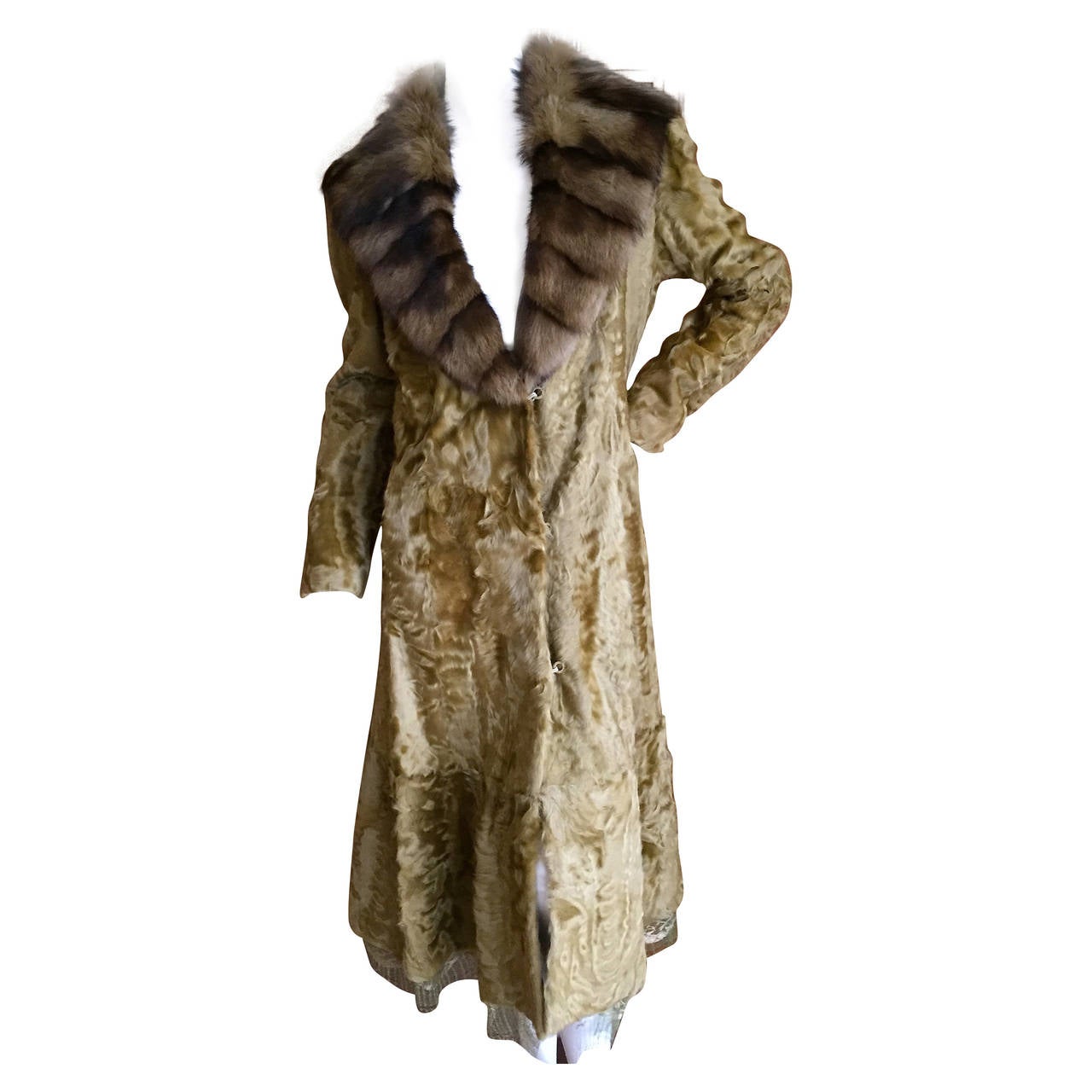 Zac Pozen Broadtail Lamb Fur Coat w Luxe Fur Collar for Neiman Marcus For Sale