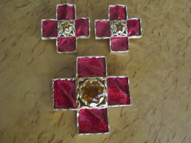 Yves Saint Laurent Red Enamel Topaz Earrings & Pin