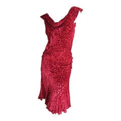 Dior by Galliano Bias Draped Red Cut Velvet Dress