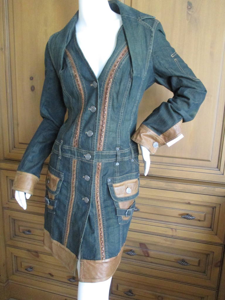 Dior by Galliano Leather Trim Denim Coat/Dress In New Condition In Cloverdale, CA