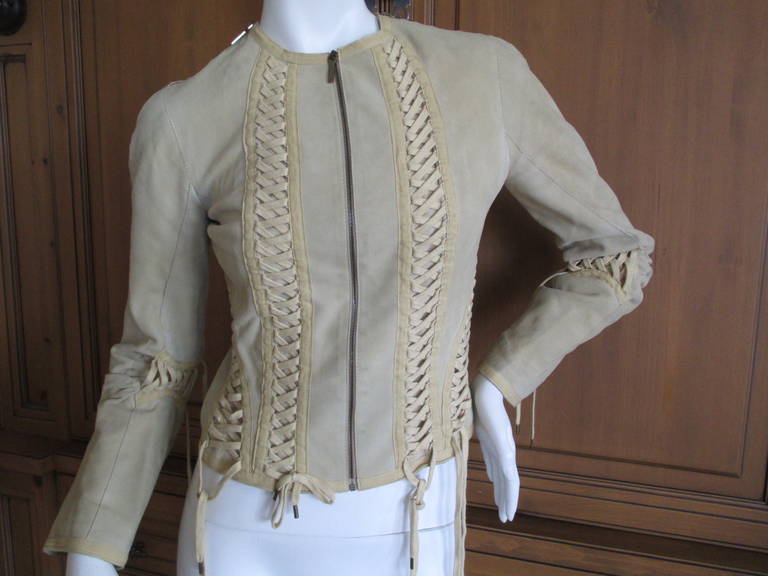 Christian Dior by John Galliano Corset Lace Suede Jacket.

Buff goat suede, laced front back and on the arms.

Size 36 Fr  US 4

Measurements: Bust 34