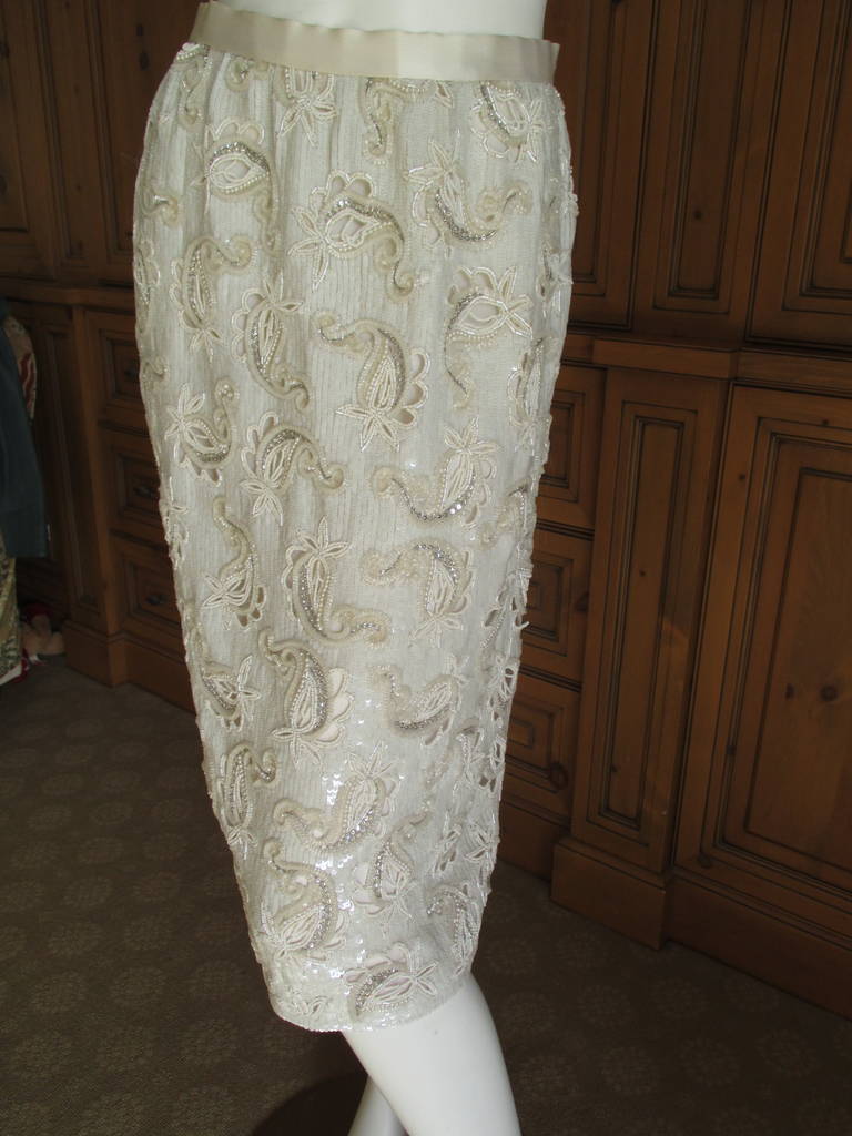 Women's Oscar de la Renta White Beaded Sequin Paisley Suit