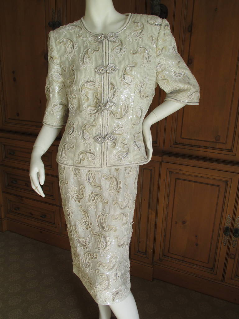 Oscar de la Renta White Beaded Sequin Paisley Suit 5
