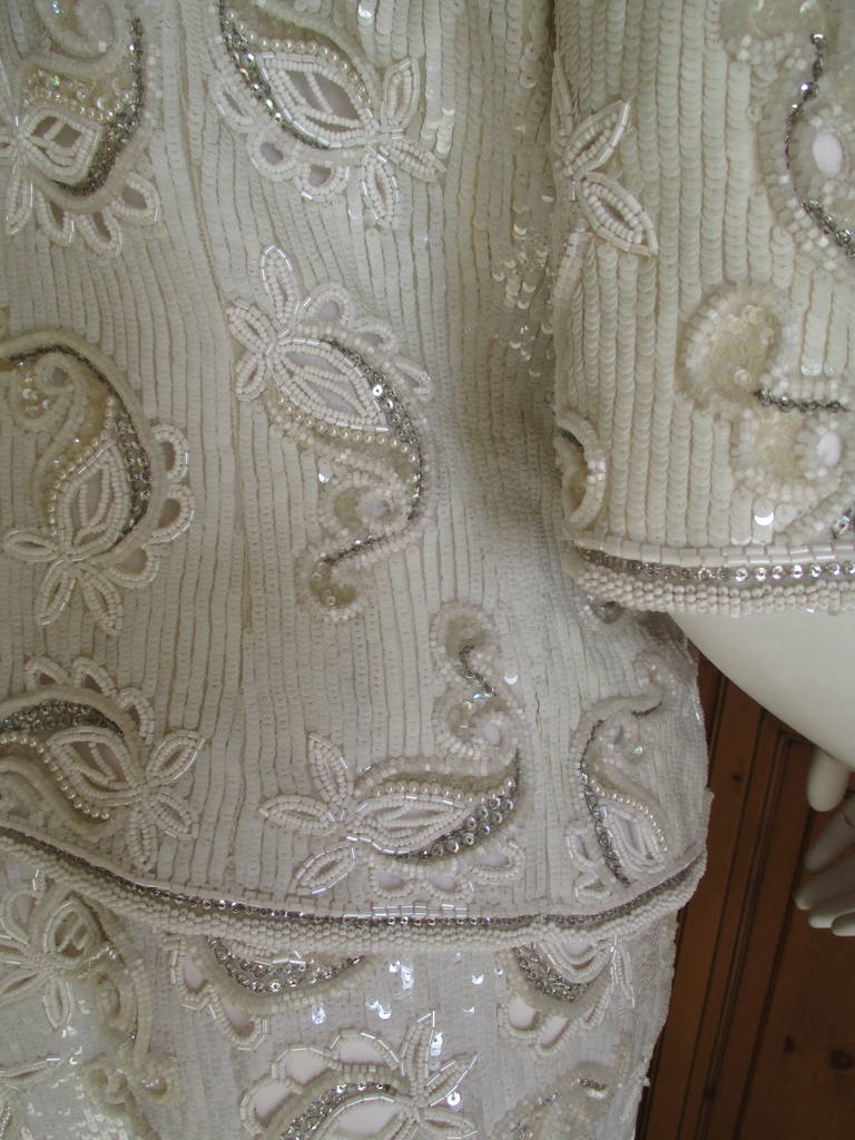 Oscar de la Renta White Beaded Sequin Paisley Suit 4