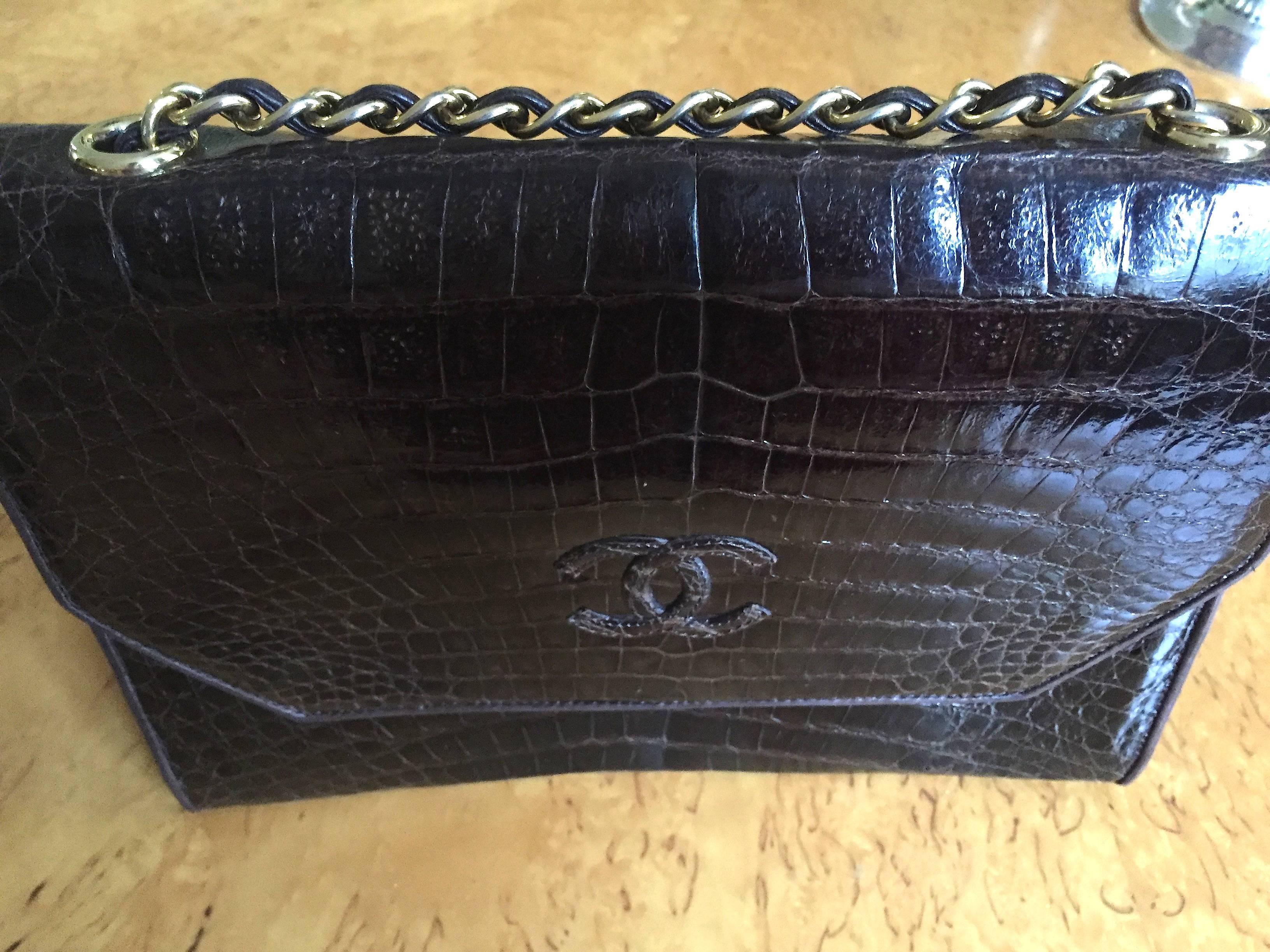 Women's Chanel Vintage Brown Crocodile Flap Bag with Gold Hardware