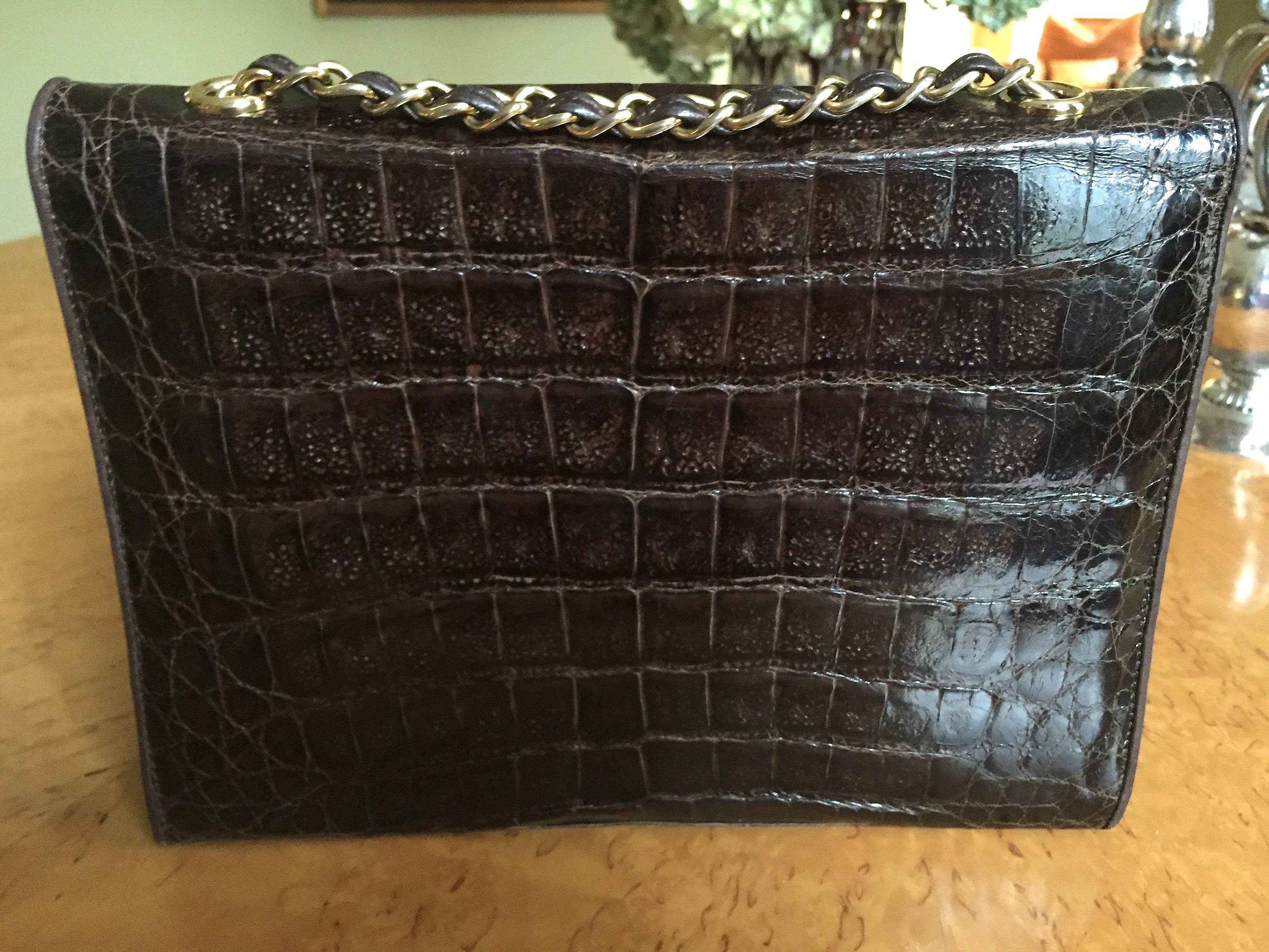 Chanel Vintage Brown Crocodile Flap Bag with Gold Hardware In Good Condition In Cloverdale, CA