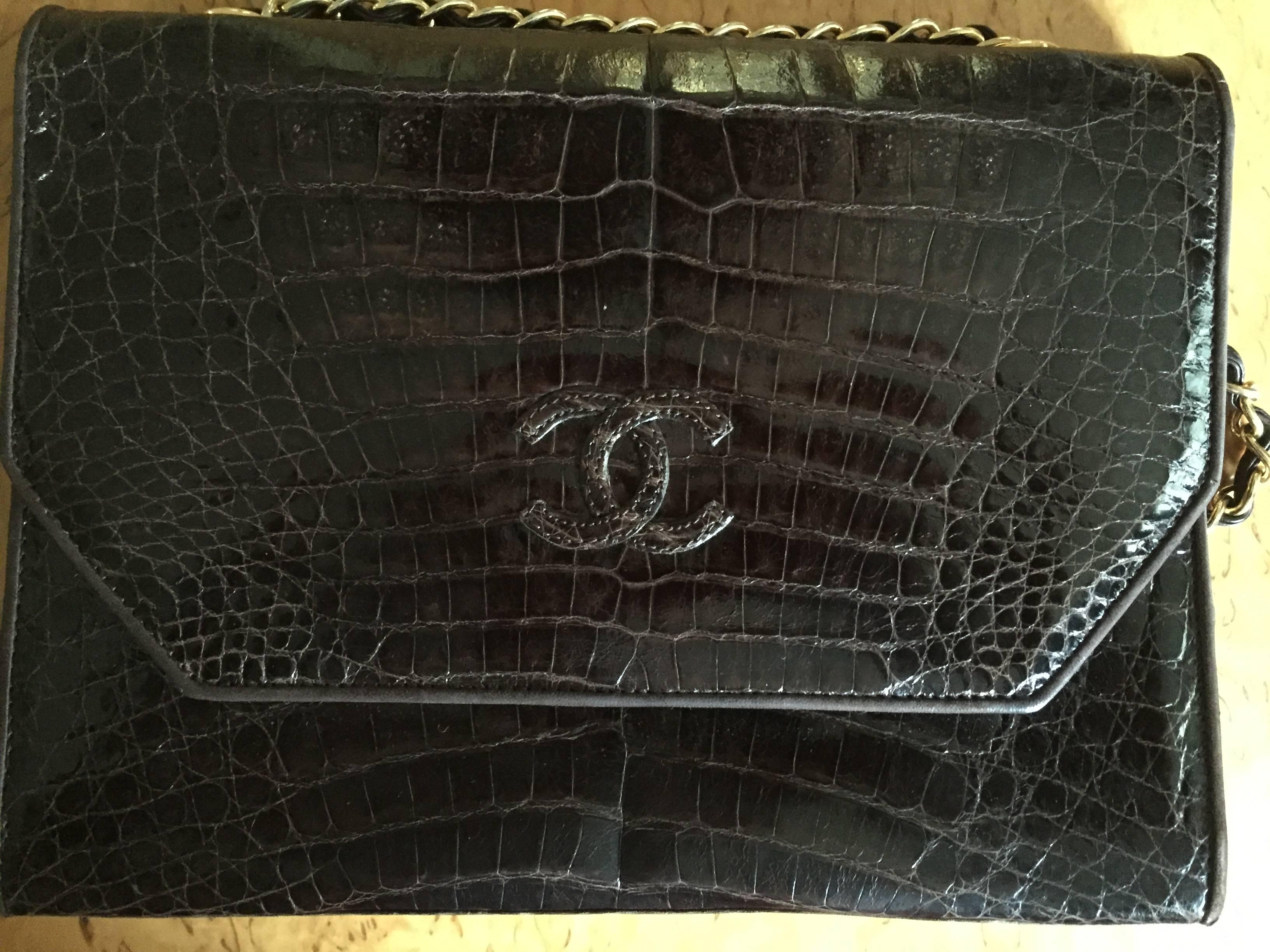 Chanel Vintage Brown Crocodile Flap Bag with Gold Hardware 2