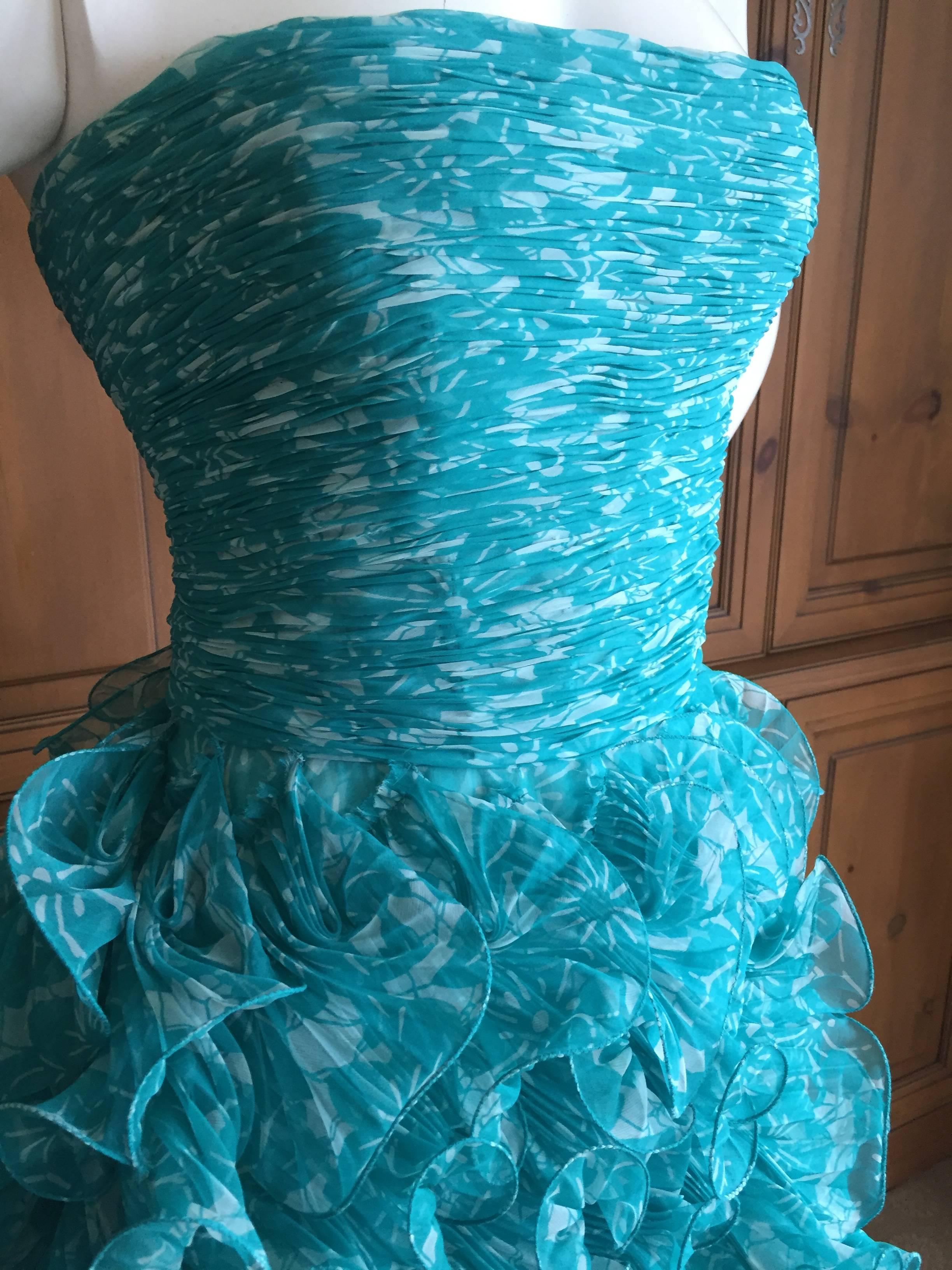 Oscar de la Renta Turquoise Vintage Ruffled Evening Gown In Excellent Condition In Cloverdale, CA