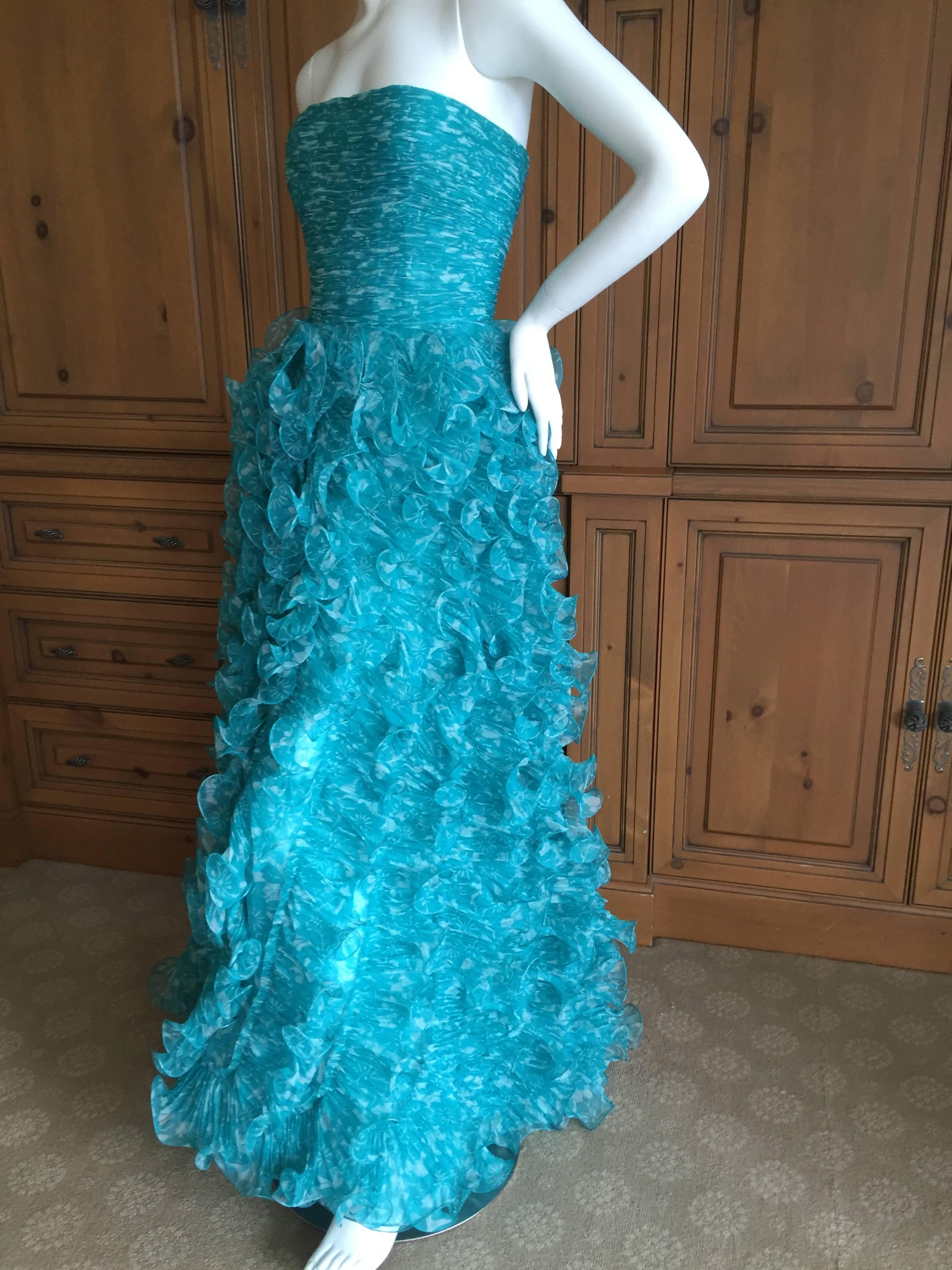 Oscar de la Renta Turquoise Vintage Ruffled Evening Gown 1