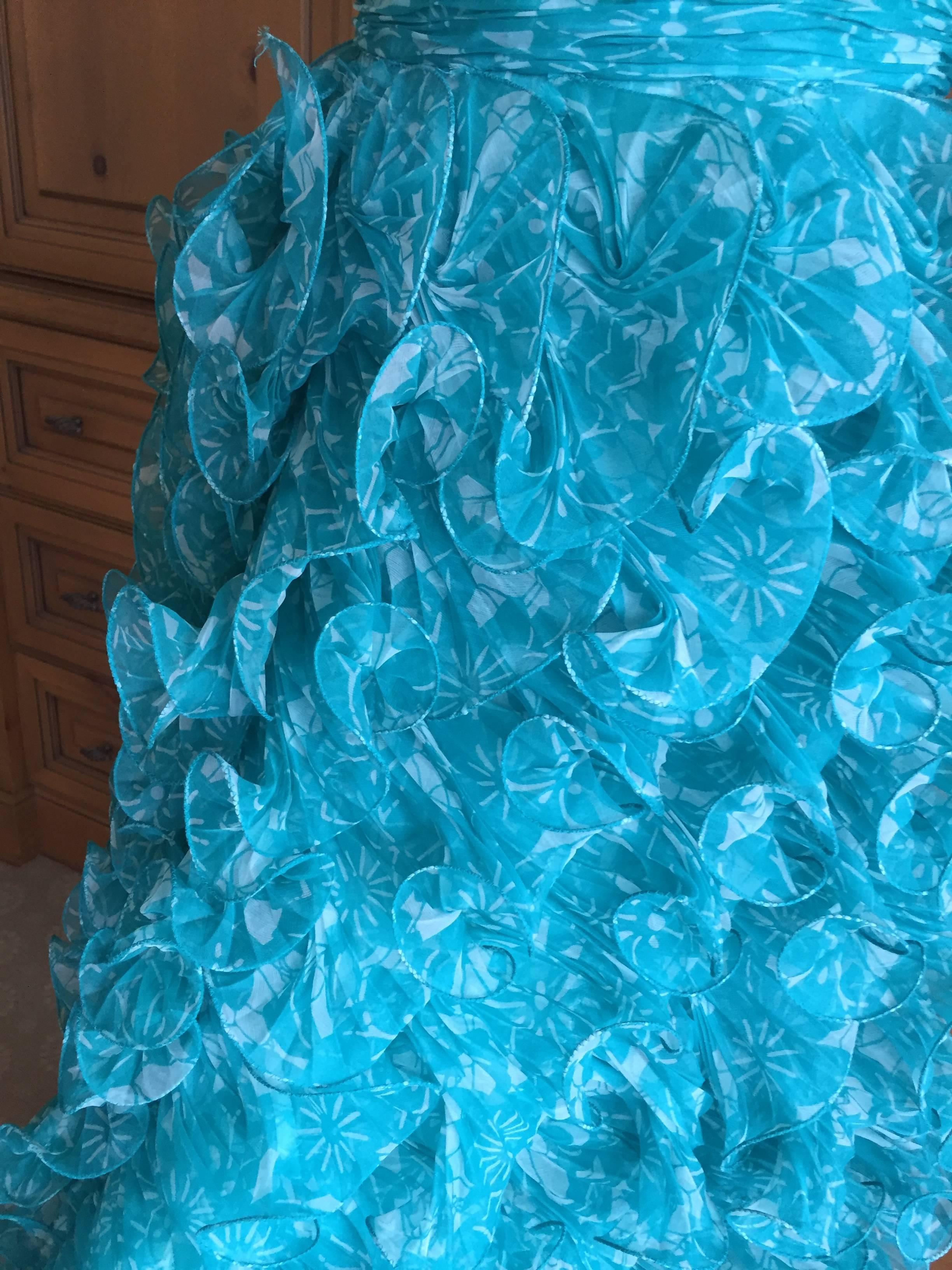 Women's Oscar de la Renta Turquoise Vintage Ruffled Evening Gown
