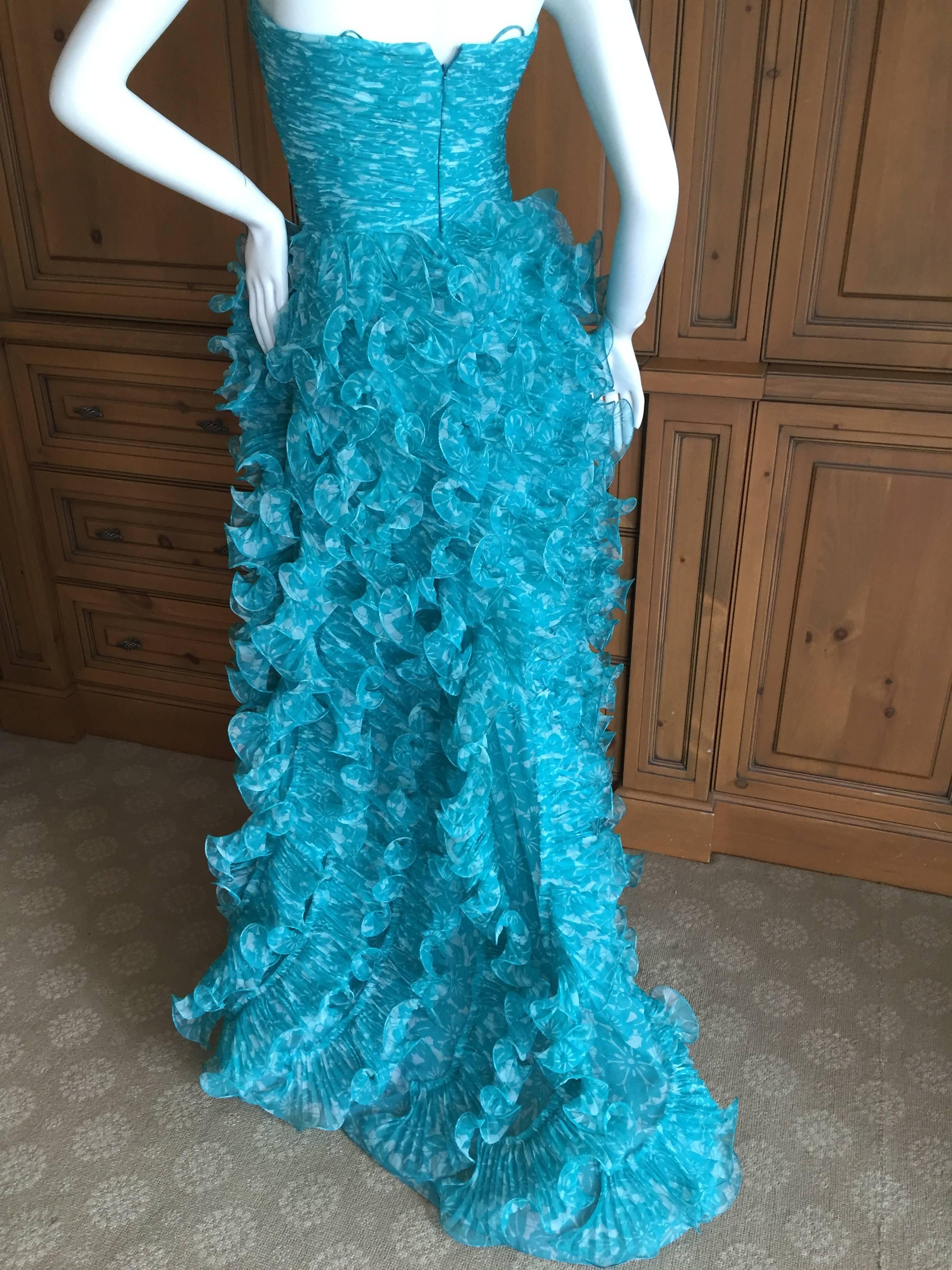 Oscar de la Renta Turquoise Vintage Ruffled Evening Gown 2