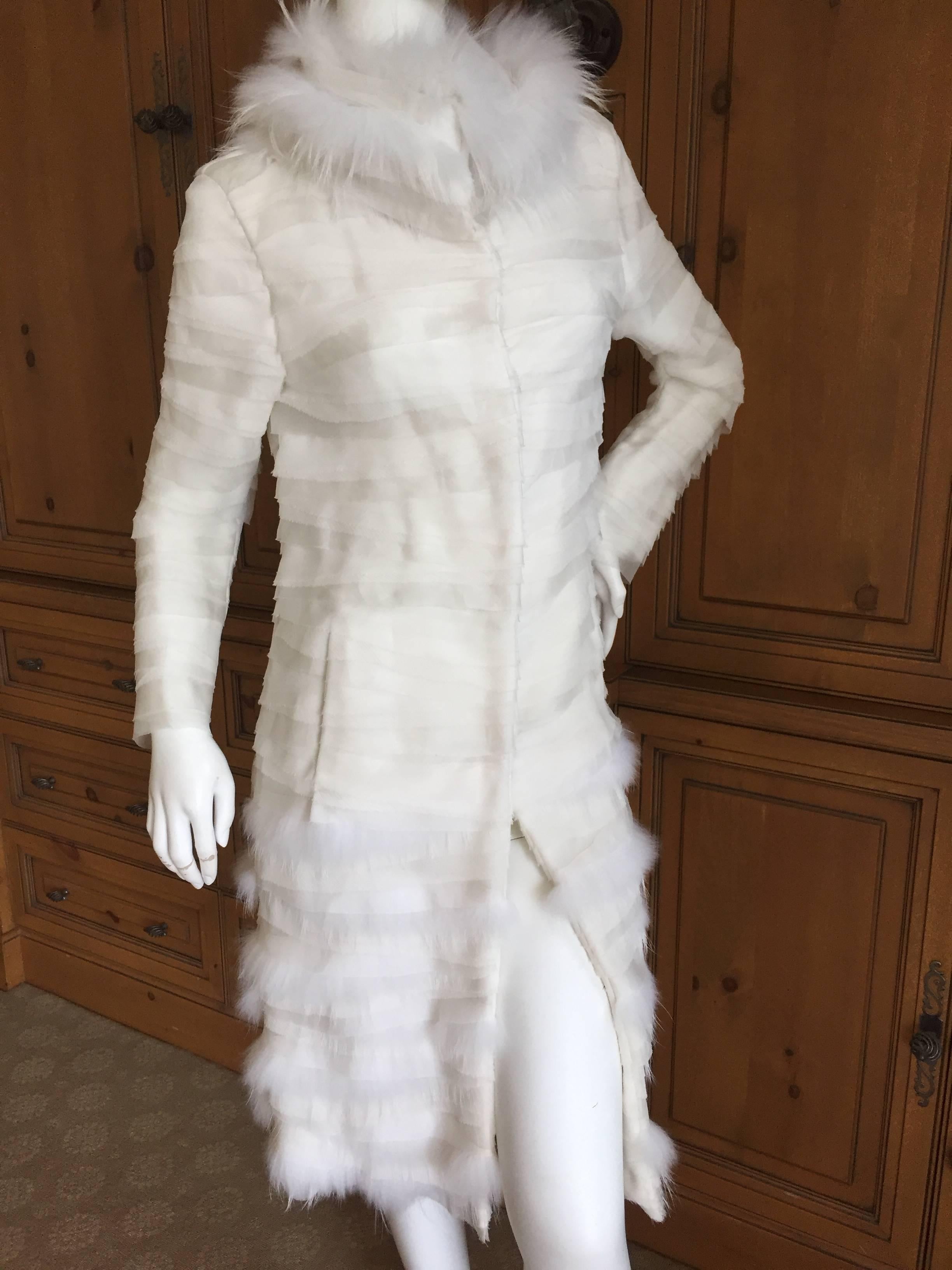 Oscar de la Renta Luxurious White Fur Trimmed Tiered Silk Coat 1