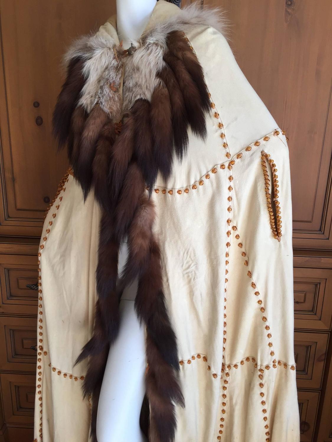 Floor Length Fur Trimmed Beaded Deerskin Cape at 1stdibs