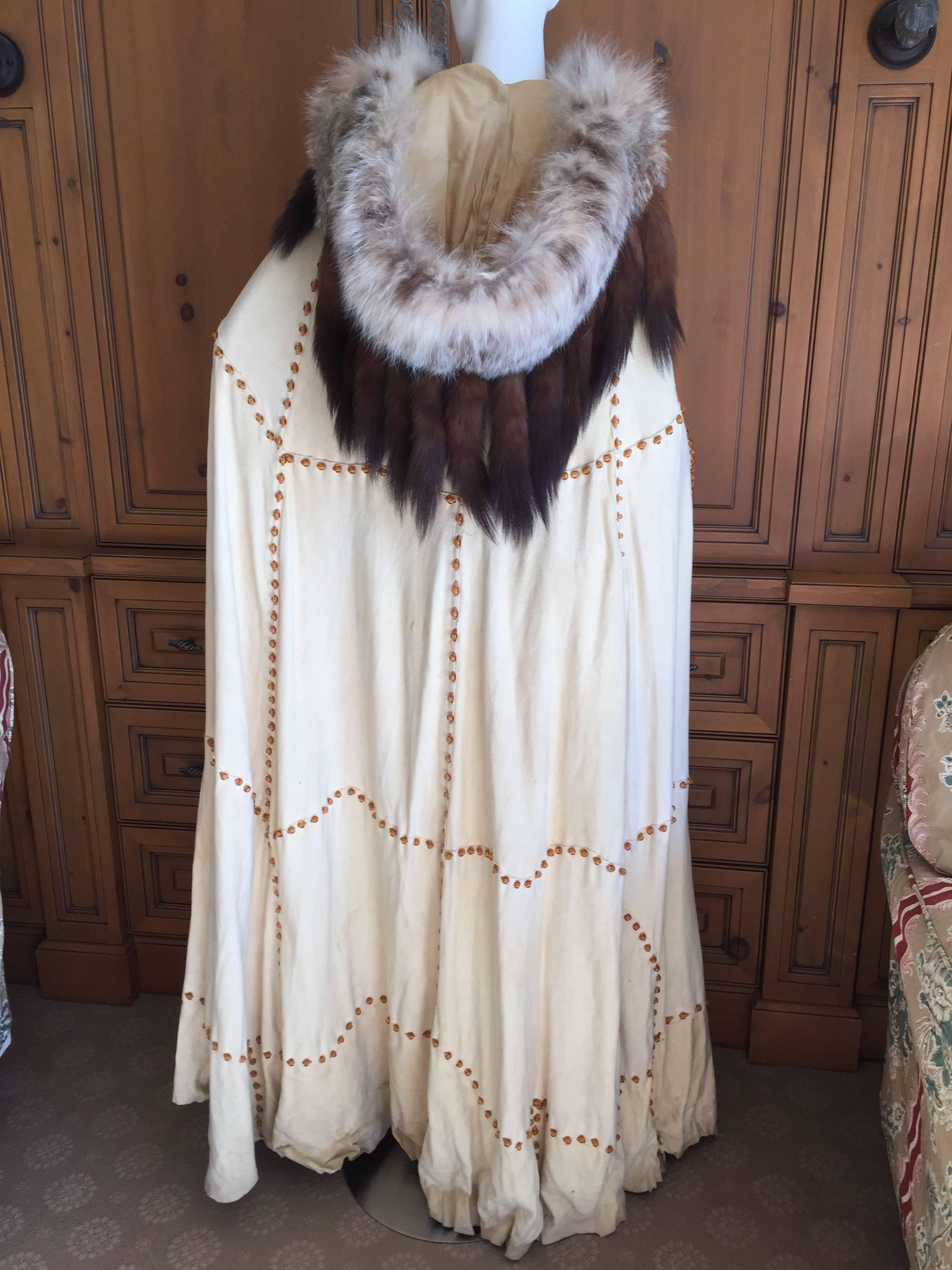 Floor Length Fur Trimmed Beaded Deerskin Cape In Good Condition In Cloverdale, CA