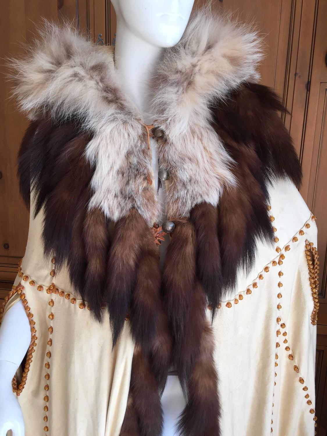 Floor Length Fur Trimmed Beaded Deerskin Cape at 1stdibs