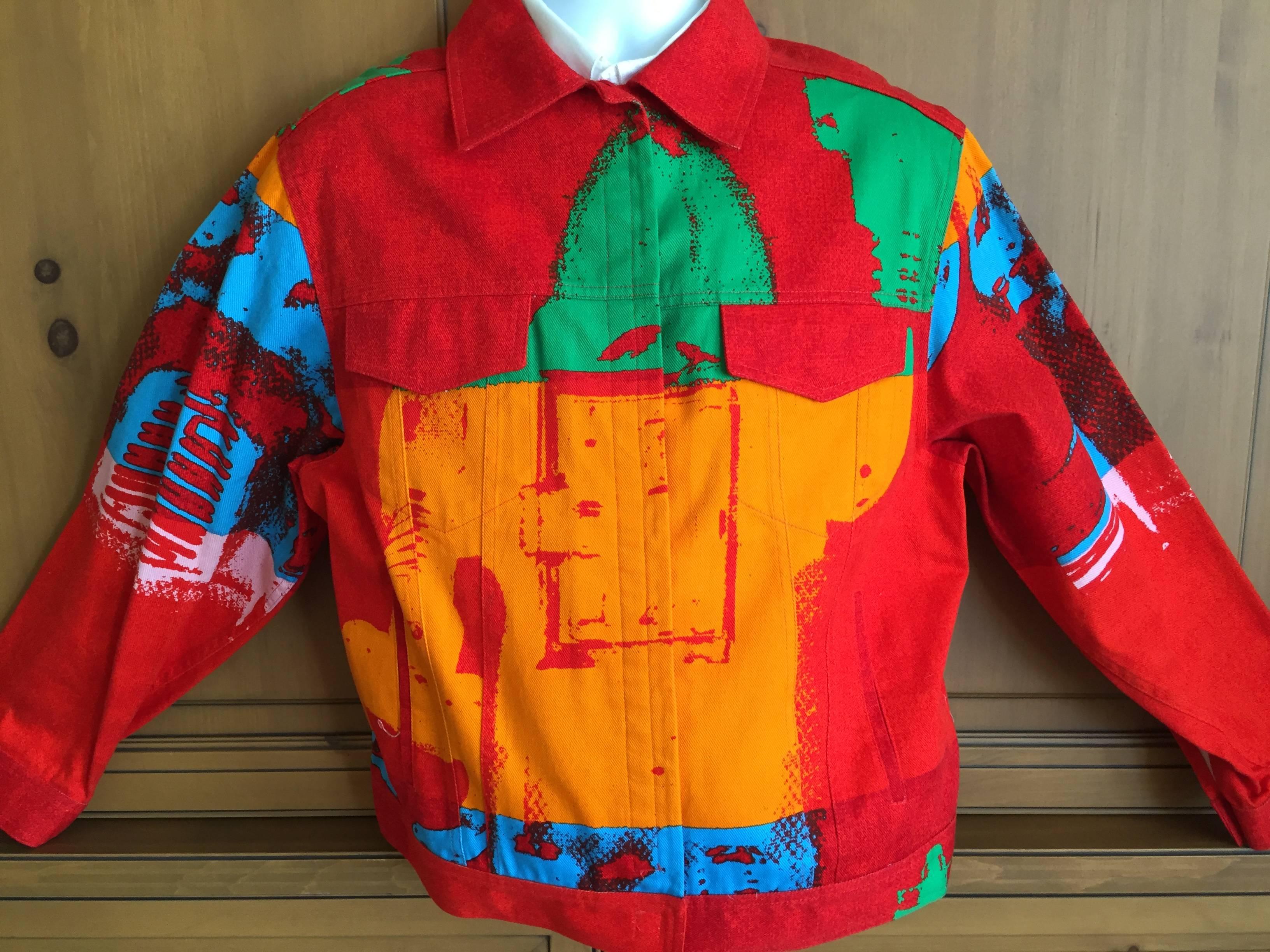 Colorful Andy Warhol print denim jacket from Stephen Sprouse circa 1999.
Sz 44
Chest 46