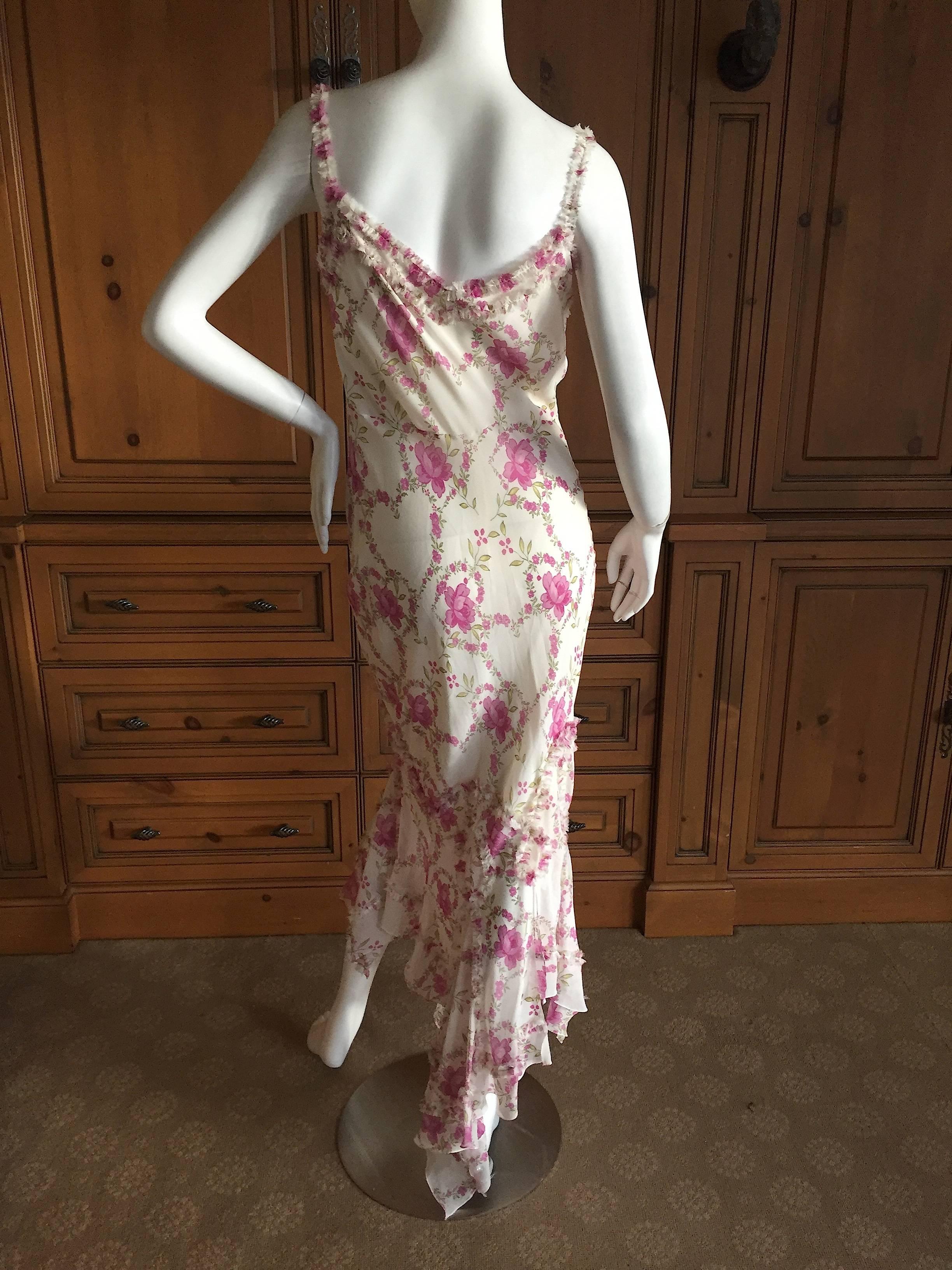 John Galliano Romantic Ruffled Rose Print Silk Dress 1