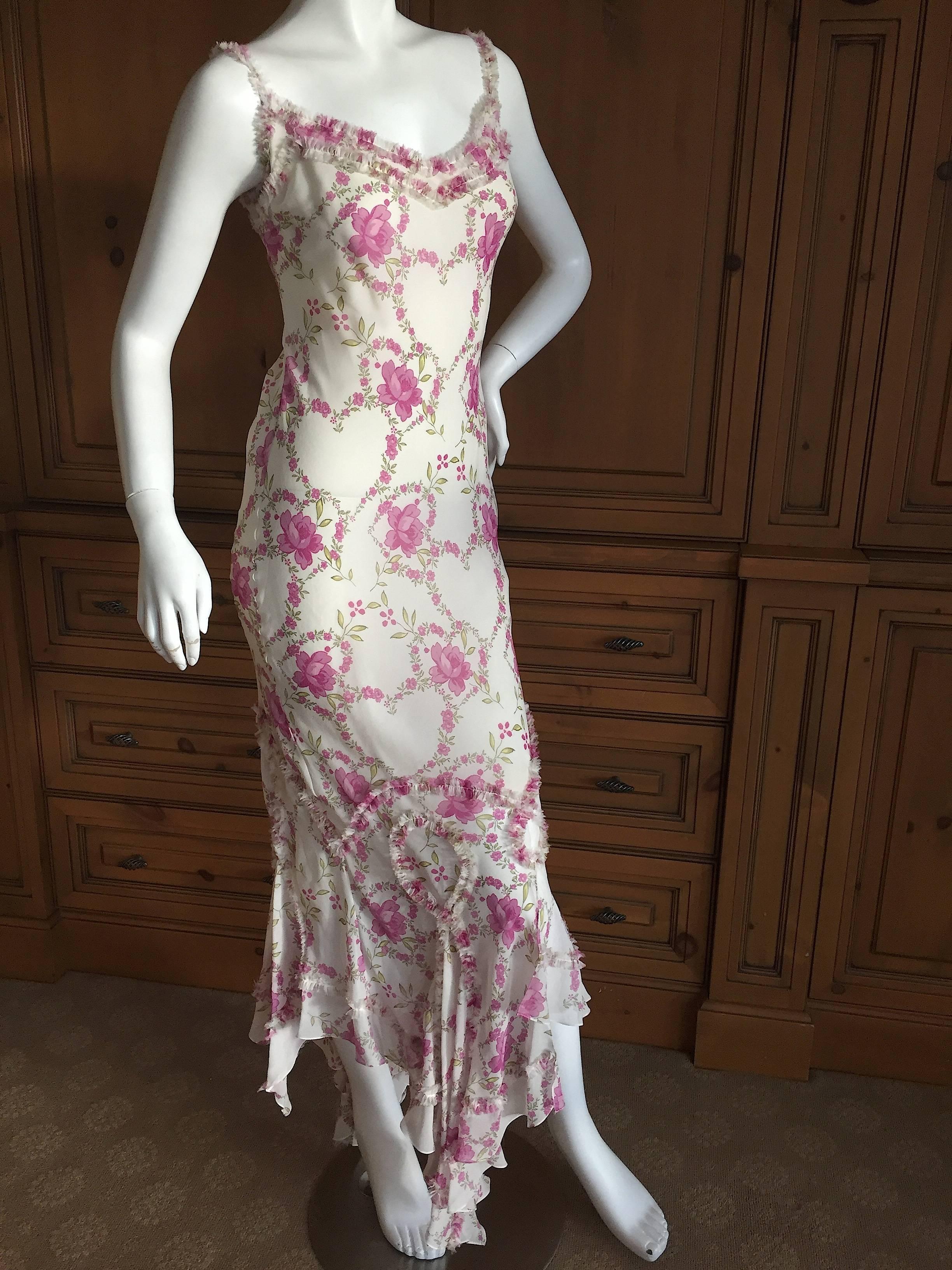 John Galliano Romantic Ruffled Rose Print Silk Dress In Excellent Condition In Cloverdale, CA