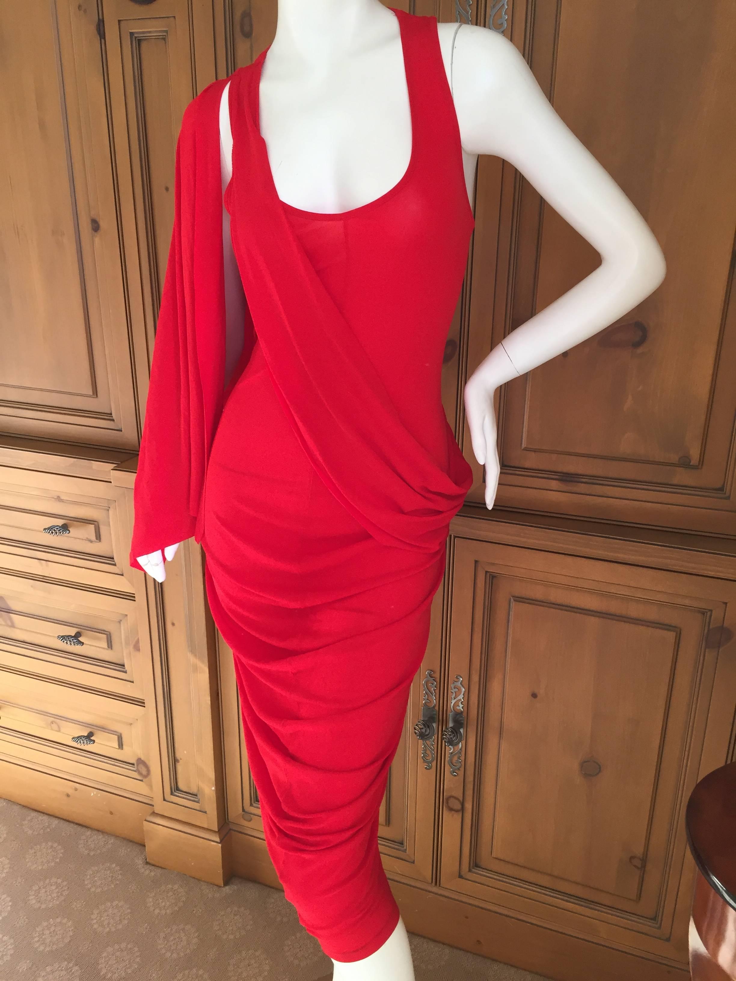 Alexander McQueen Royal Red Dress with Attached Shawl Wrap Size 40 In Excellent Condition In Cloverdale, CA