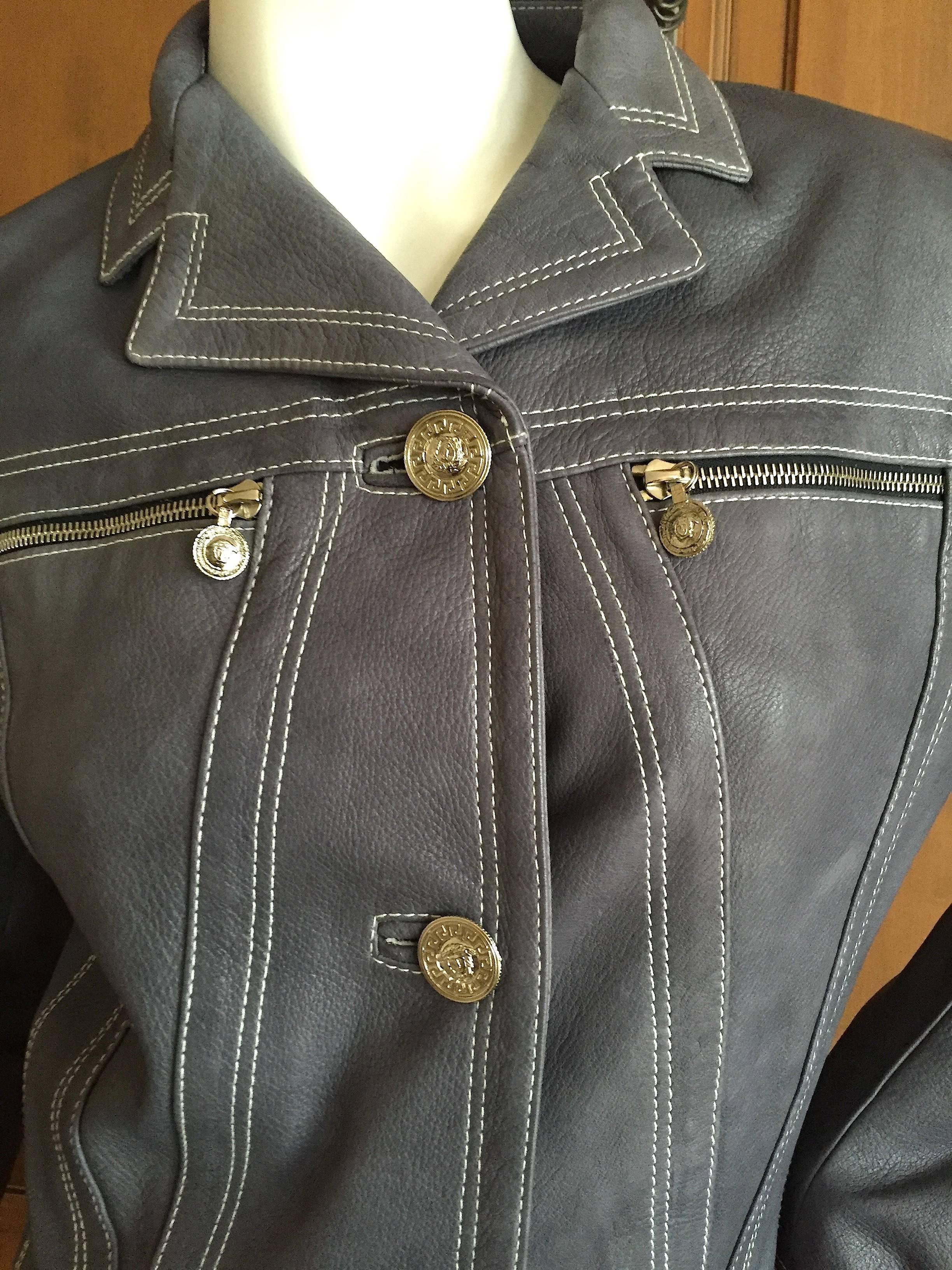 Gray Gianni Versace Vintage 80's Blue Leather Jacket For Sale