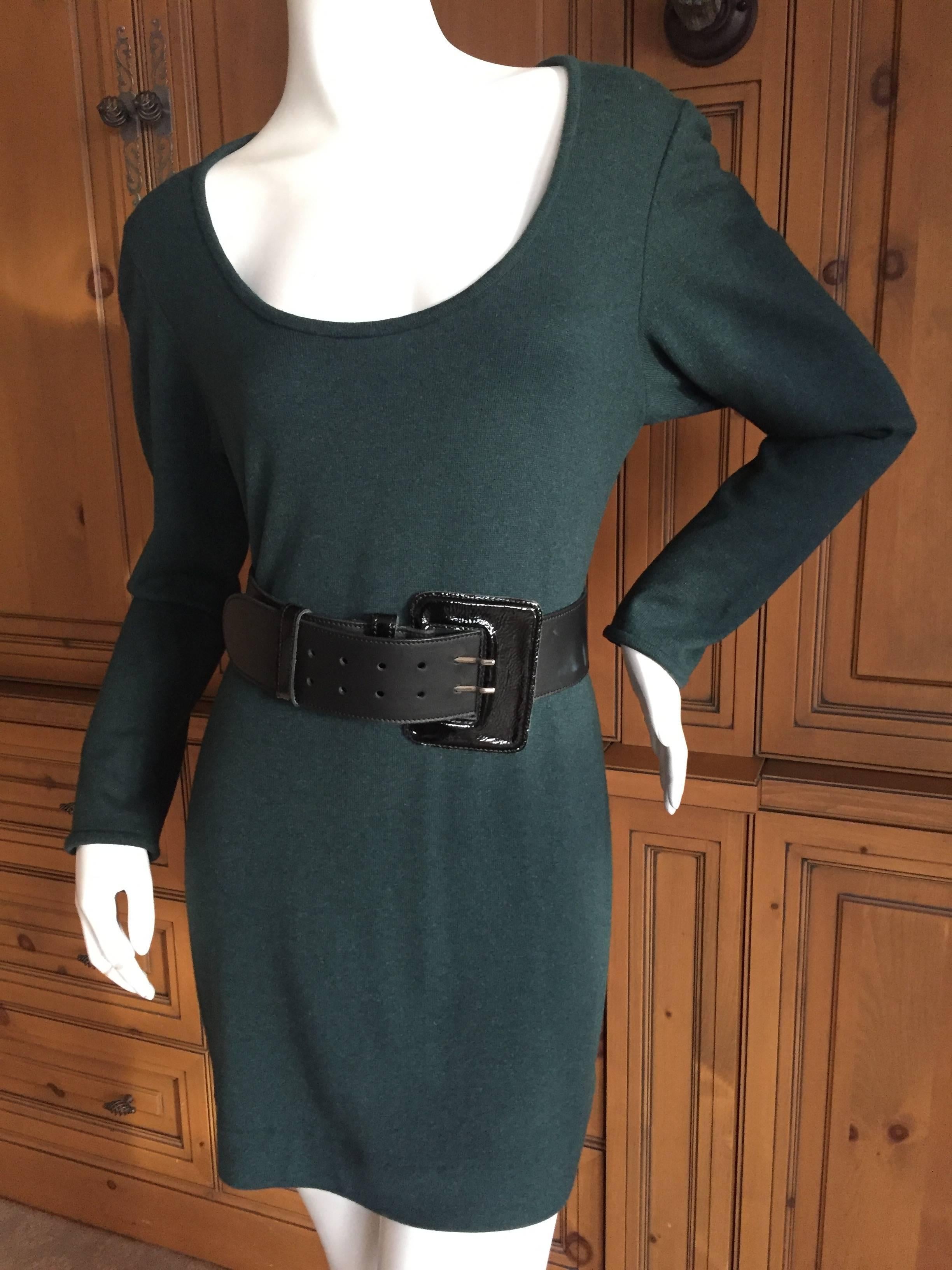 Dark green cashmere mini dress from Halston at I Magnin.
I show it belted for styling, not included with dress.
Bust 36