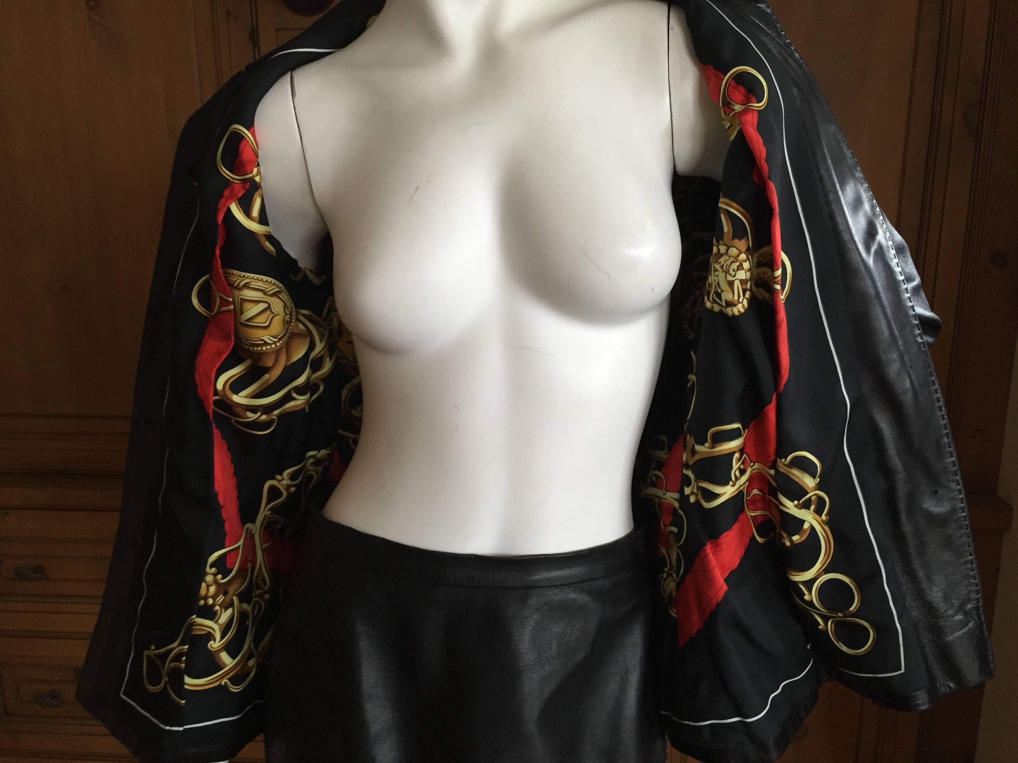 Women's Hermes Vintage Scarf Lined Black Lambskin Skirt Suit Circa 1970