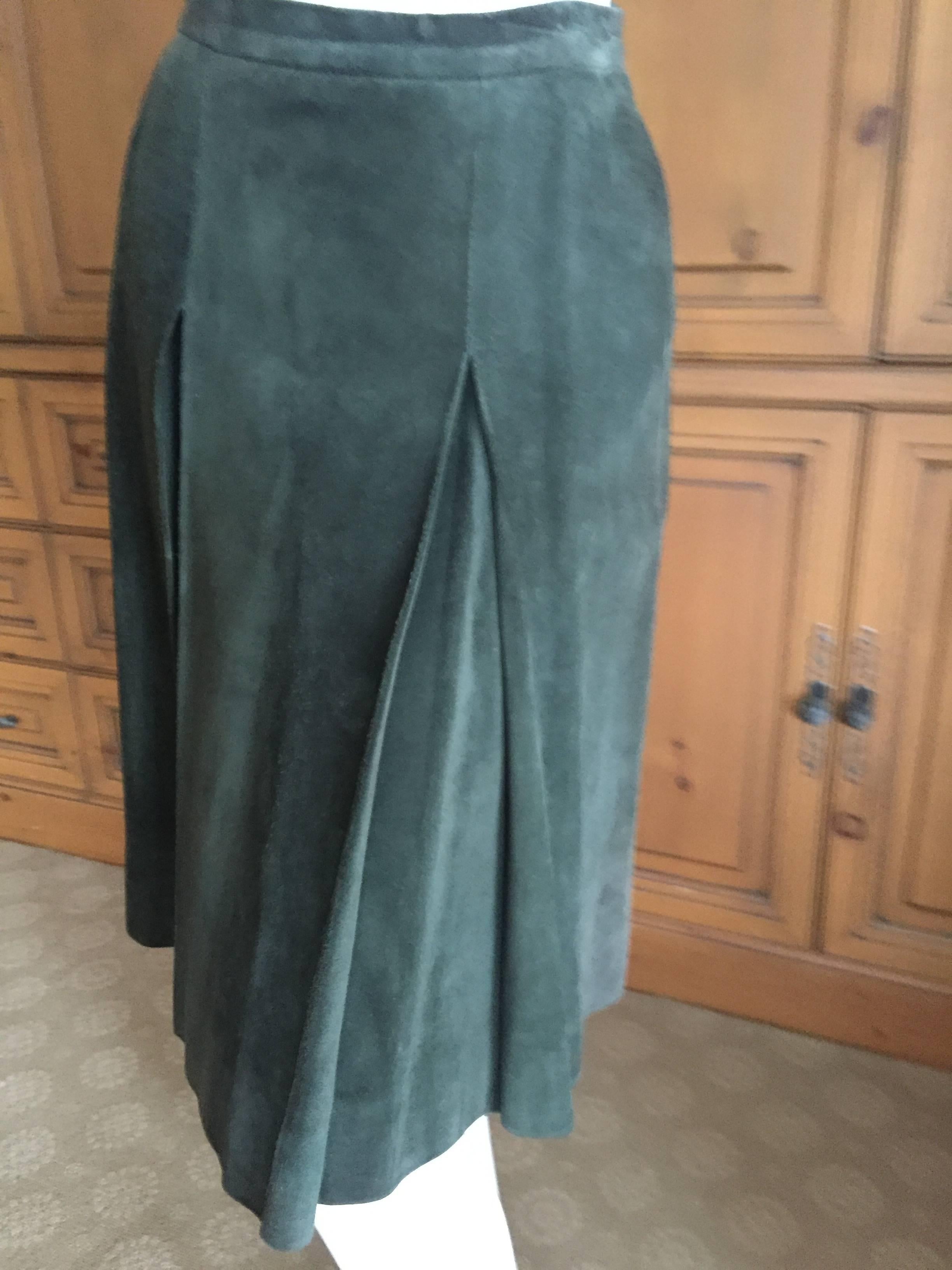 Women's Hermes Scarf Lined Green Suede Skirt Suit with