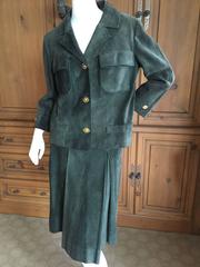 Hermes Scarf Lined Green Suede Skirt Suit with"Cleopatra Eye" Buttons