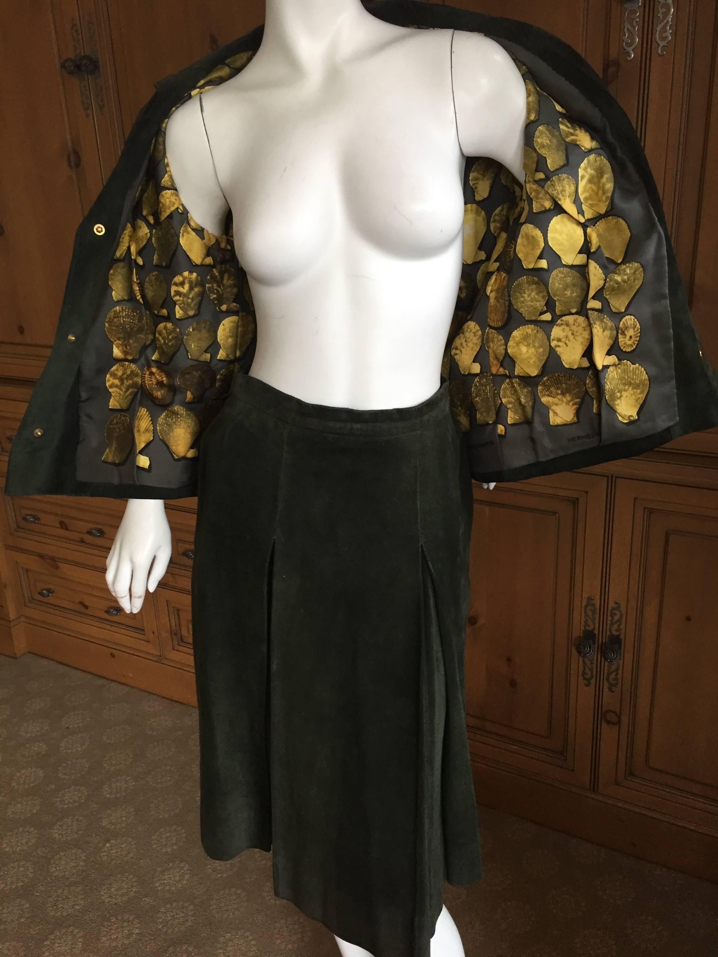 Hermes Scarf Lined Green Suede Skirt Suit with
