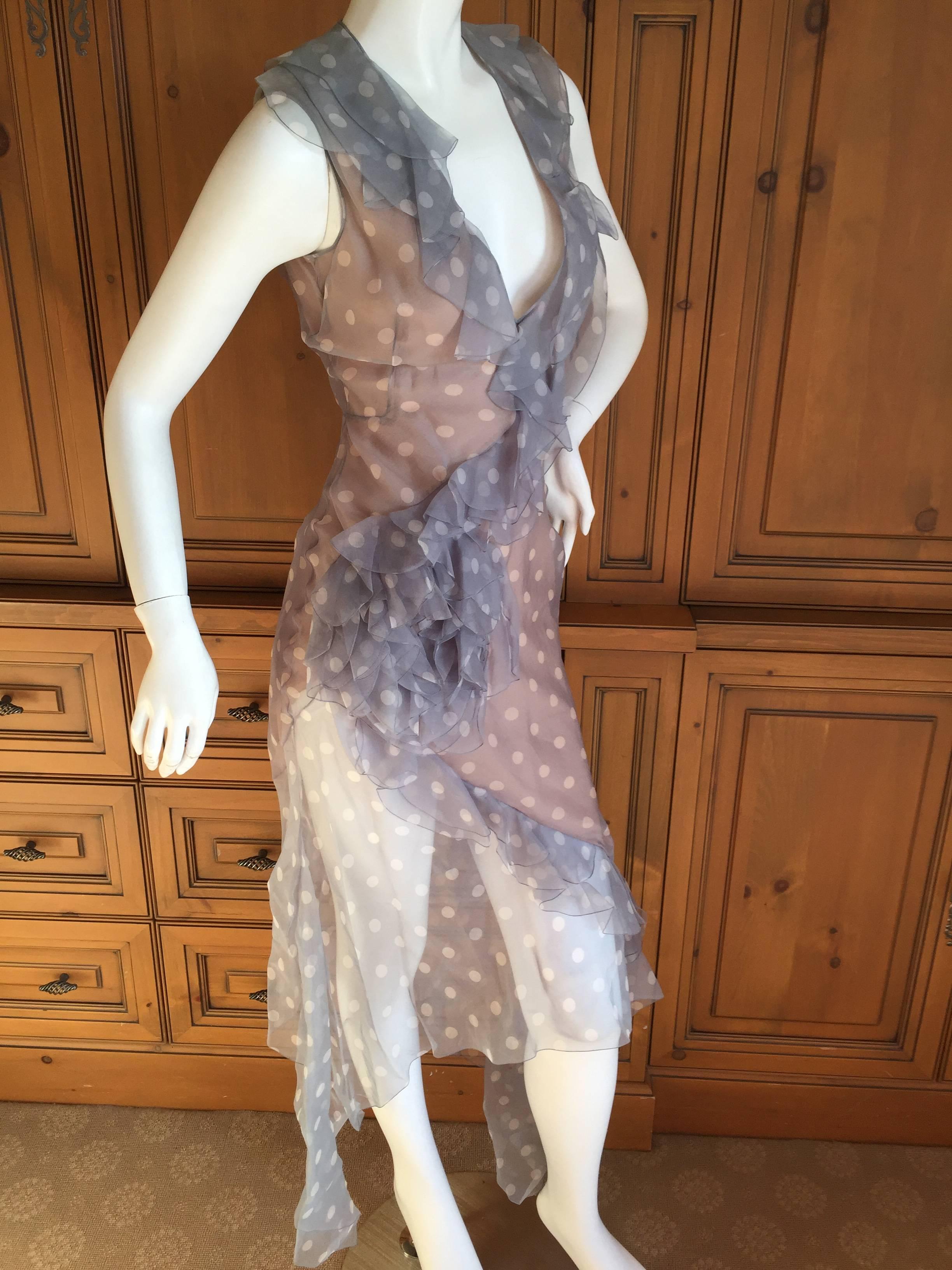 Women's John Galliano 1992 Bias Cut Sheer Polka Dot Silk Ruffle Dress NWT