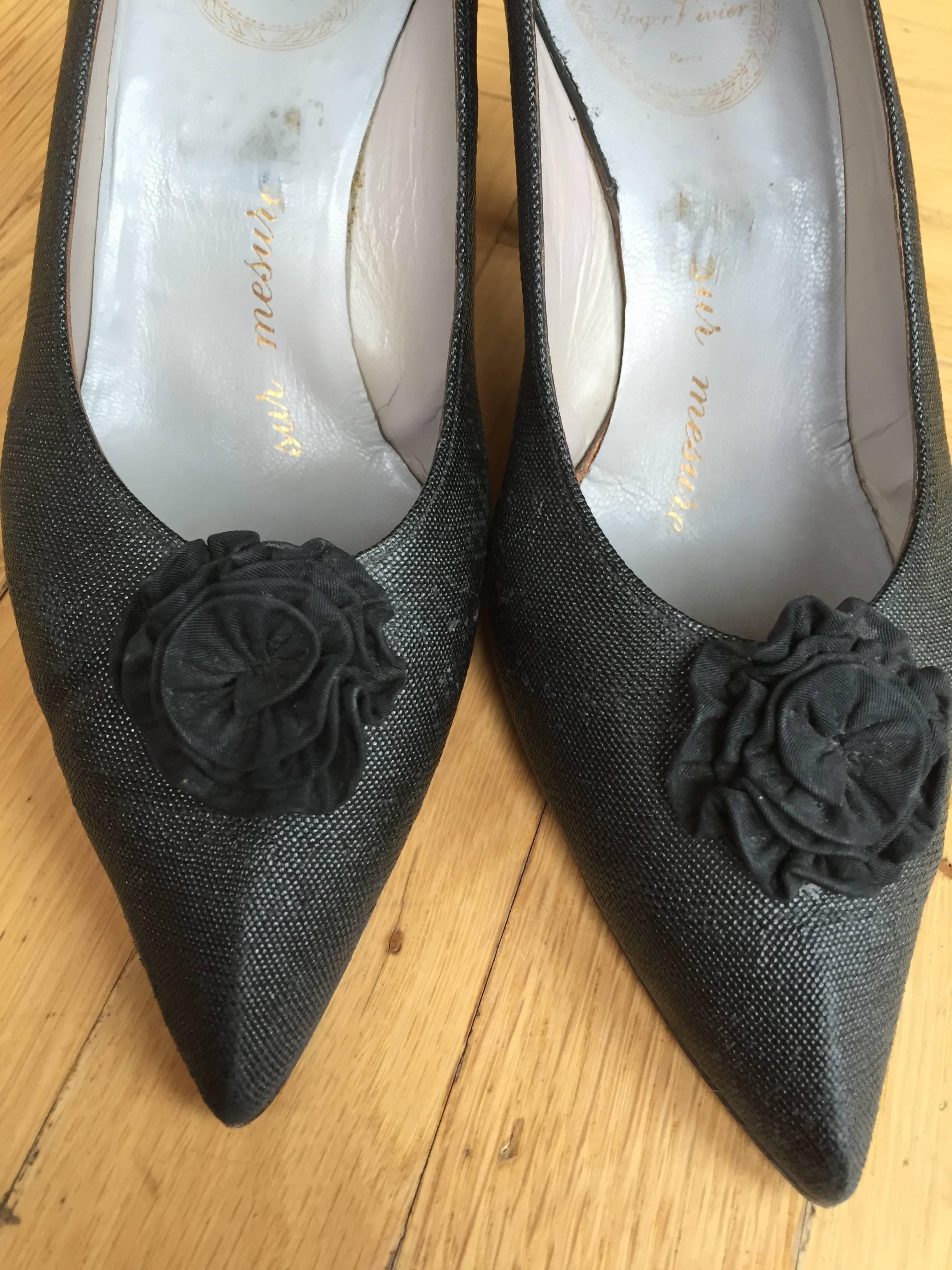 Stylish 1950's black pumps from the Couture collection of Christian Dior designed by Roger Vivier circa 1959. Made to measure for Eleanor.
She wore size 6 and 6 1/2
From the collection of Eleanor Louise Christenson de Guigné.
Eleanor de Guigné