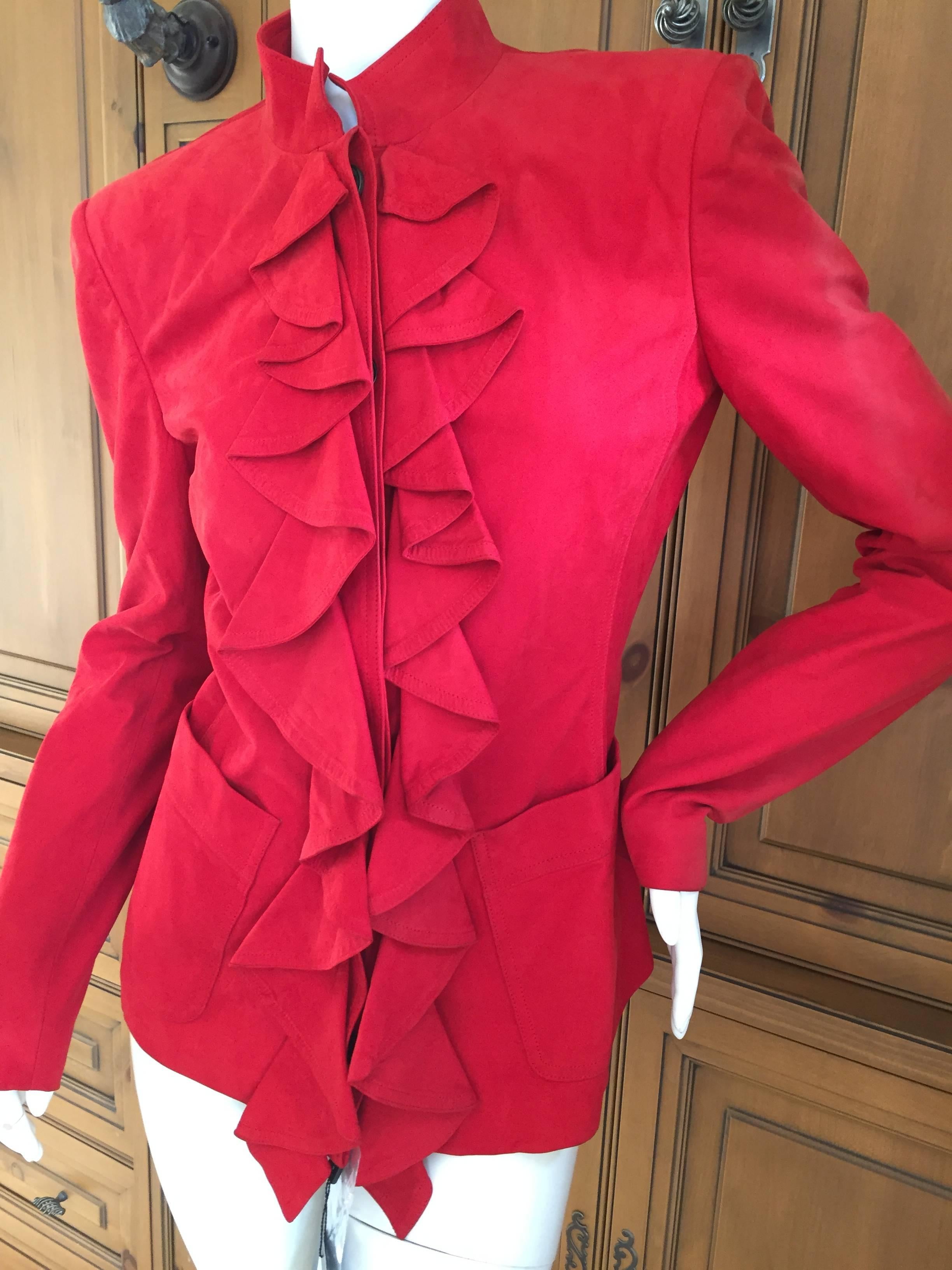 Yves Saint Laurent by Tom Ford Red Suede Ruffle Front Jacket 
Unworn with tags, $2995
From  Fall 2003
Size 38