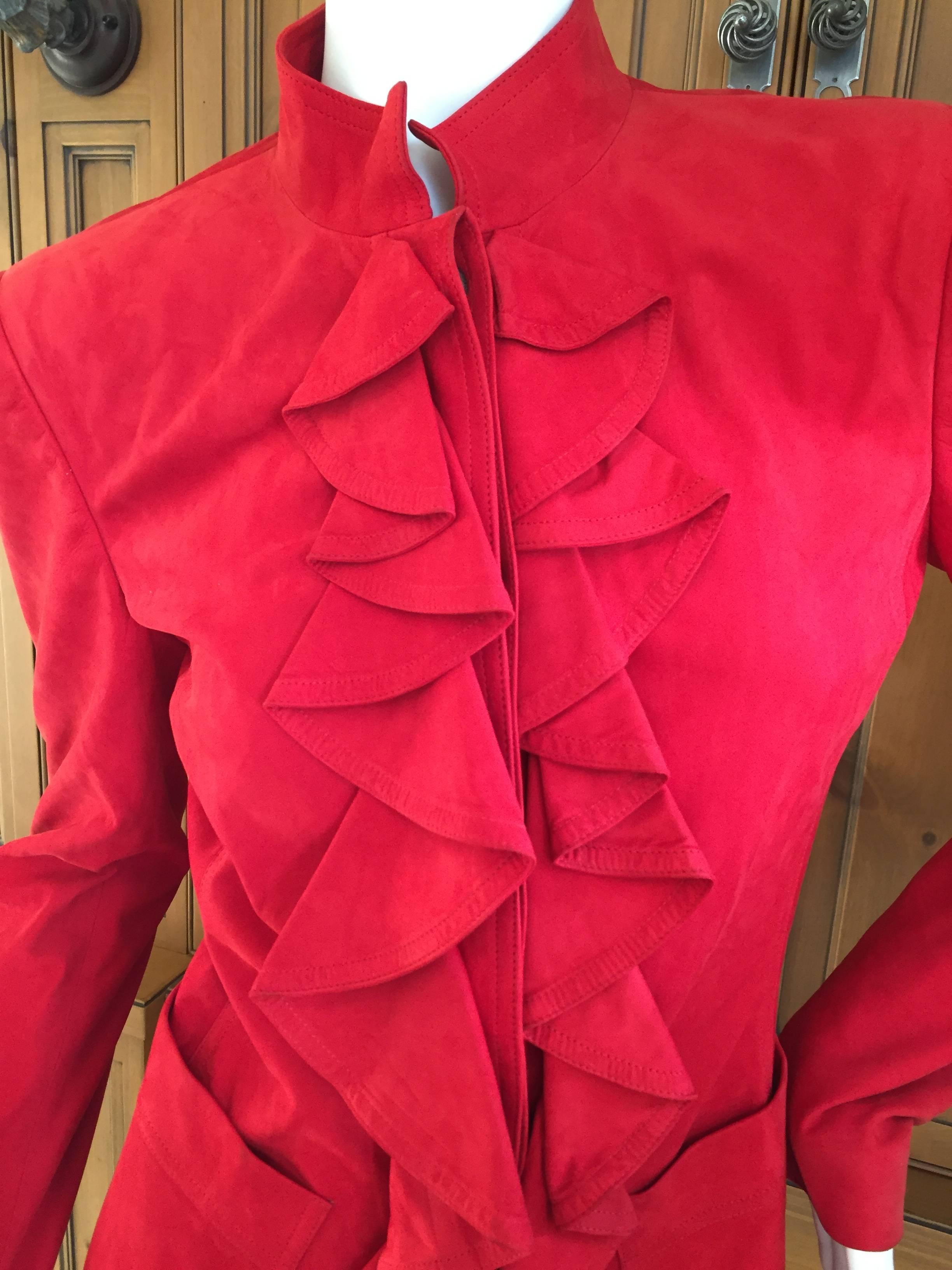 YSL by Tom Ford Red Suede Ruffle Front Jacket NWT F 2003 In New Condition In Cloverdale, CA