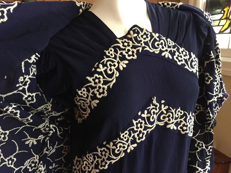 Charming 1930's Navy Blue Embroidered Dress and Jacket For Sale at 1stDibs