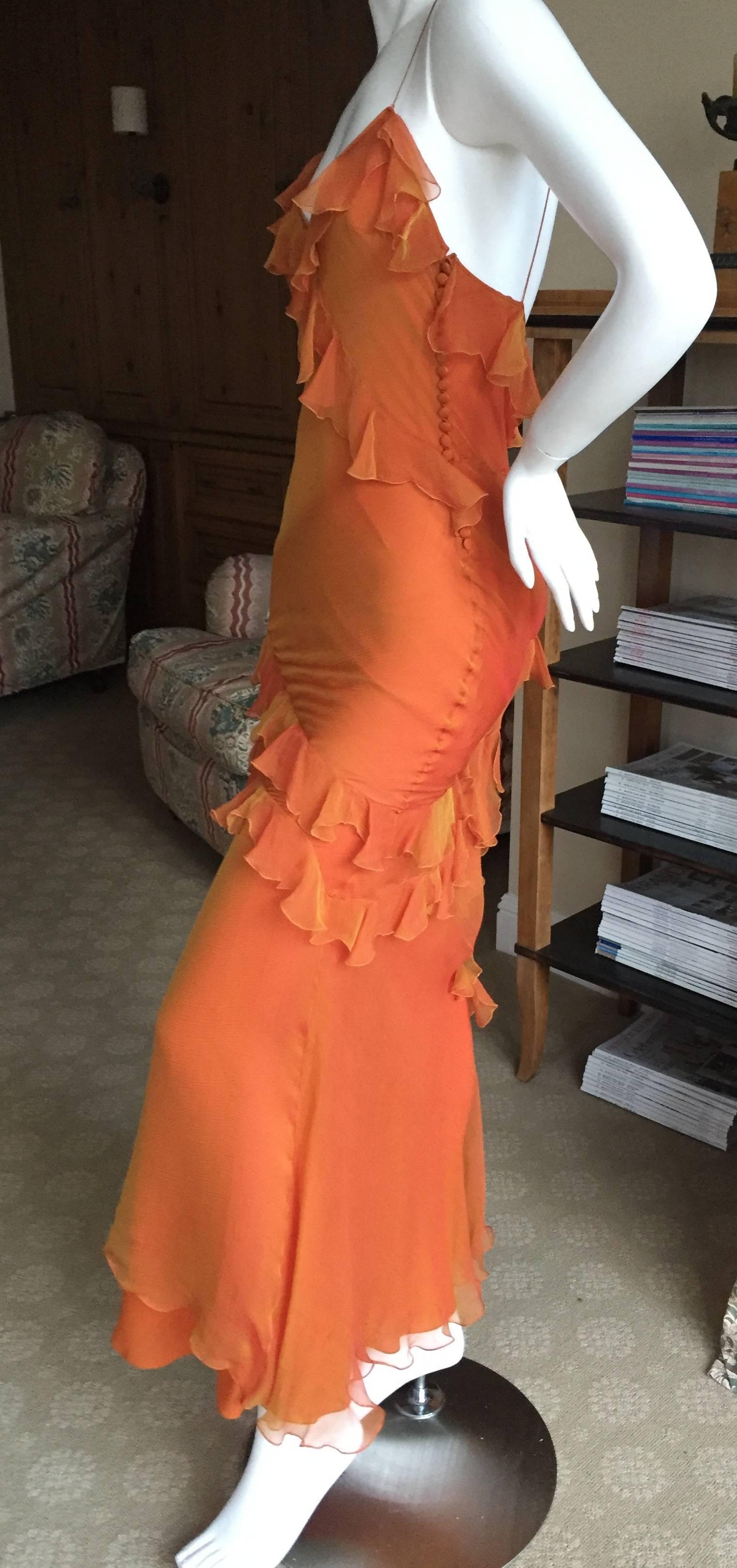 Delightful orange silk bias cut ruffled evening dress by John Galliano for Christian Dior circa 1994-95.
Size 8
Bust 36