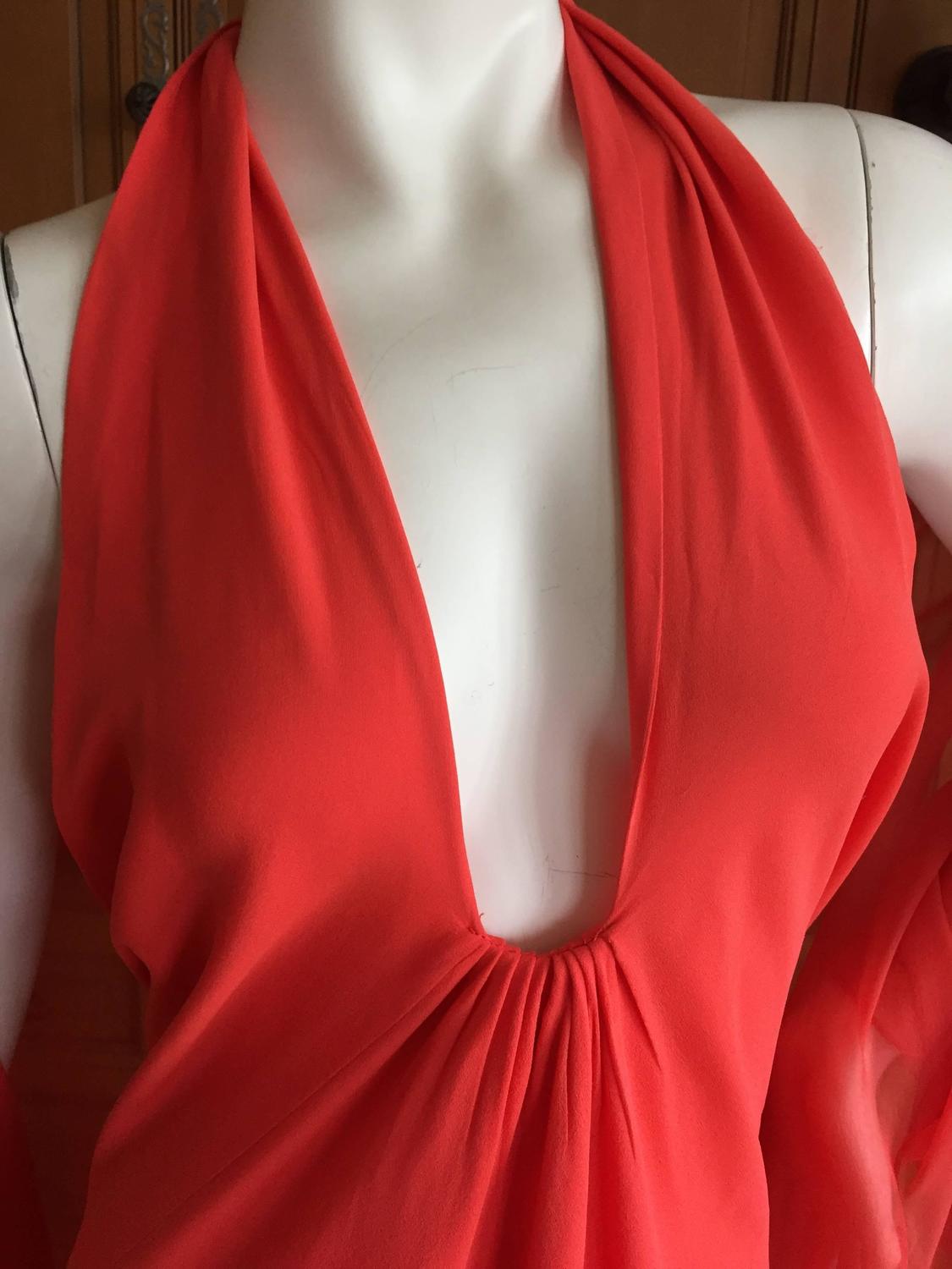 Spring 1973 Halston Bright Tangerine Striped Silk Chiffon Caftan w Sash