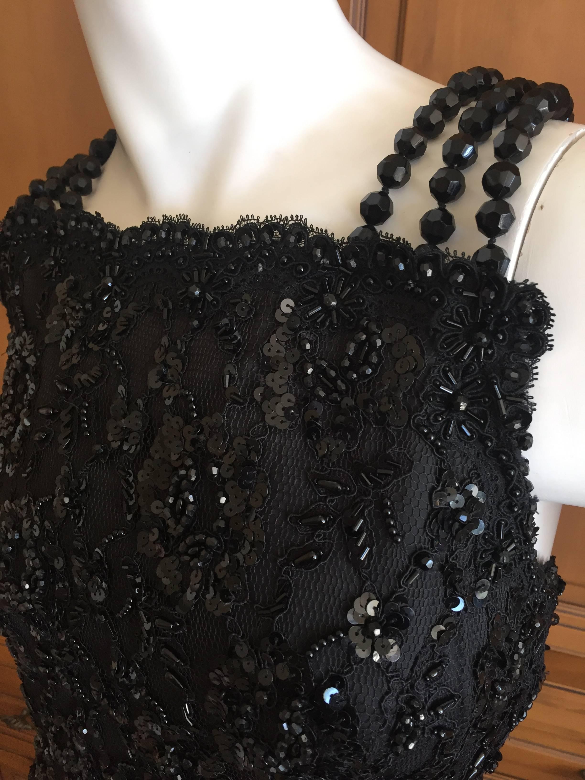 Black Oscar de la Renta 1980's Sequin Cocktail Dress with Beads and Bow