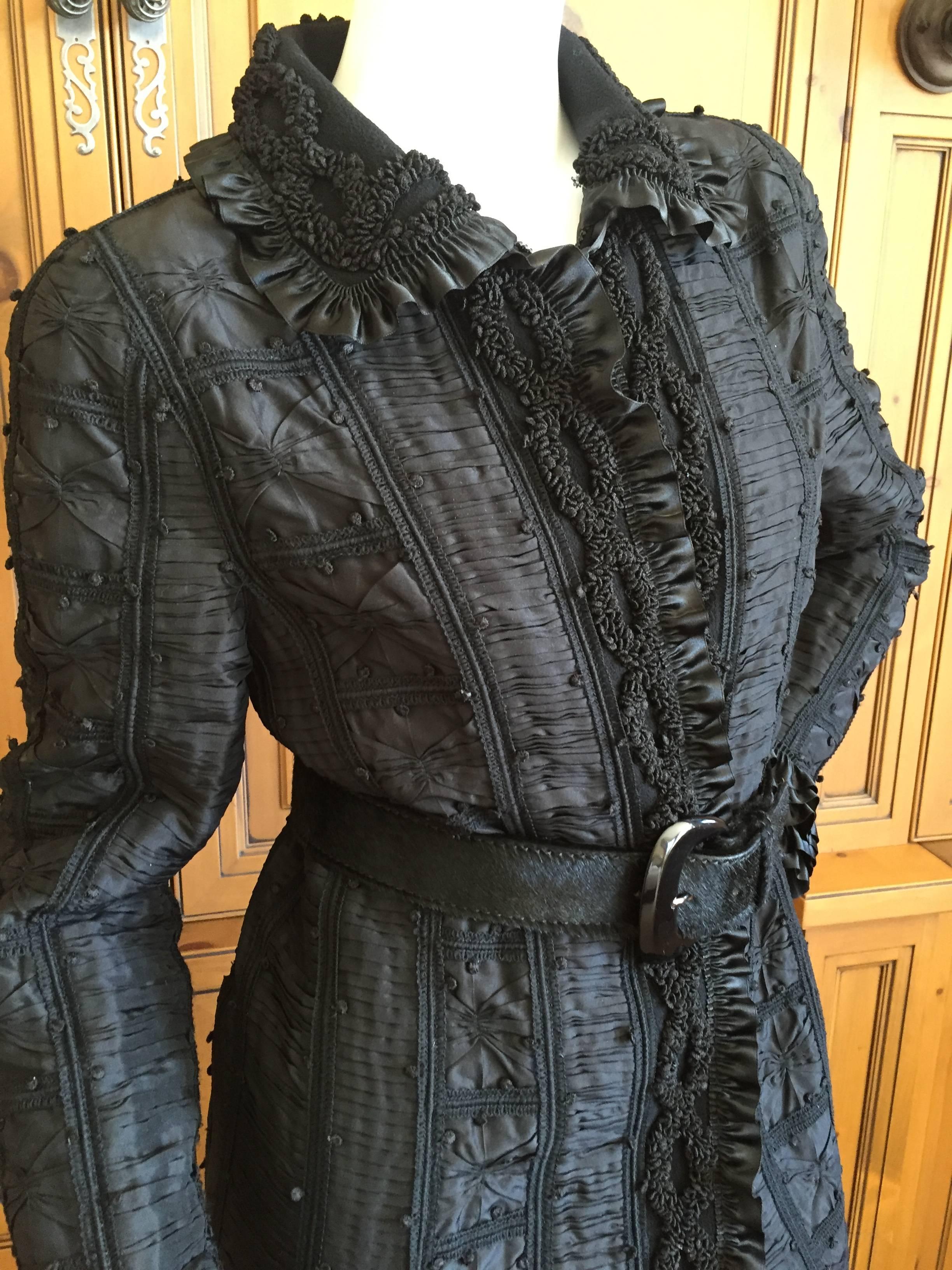 Women's Oscar de la Renta Pleated and Pintucked Black Evening Coat with Ruffle Trim