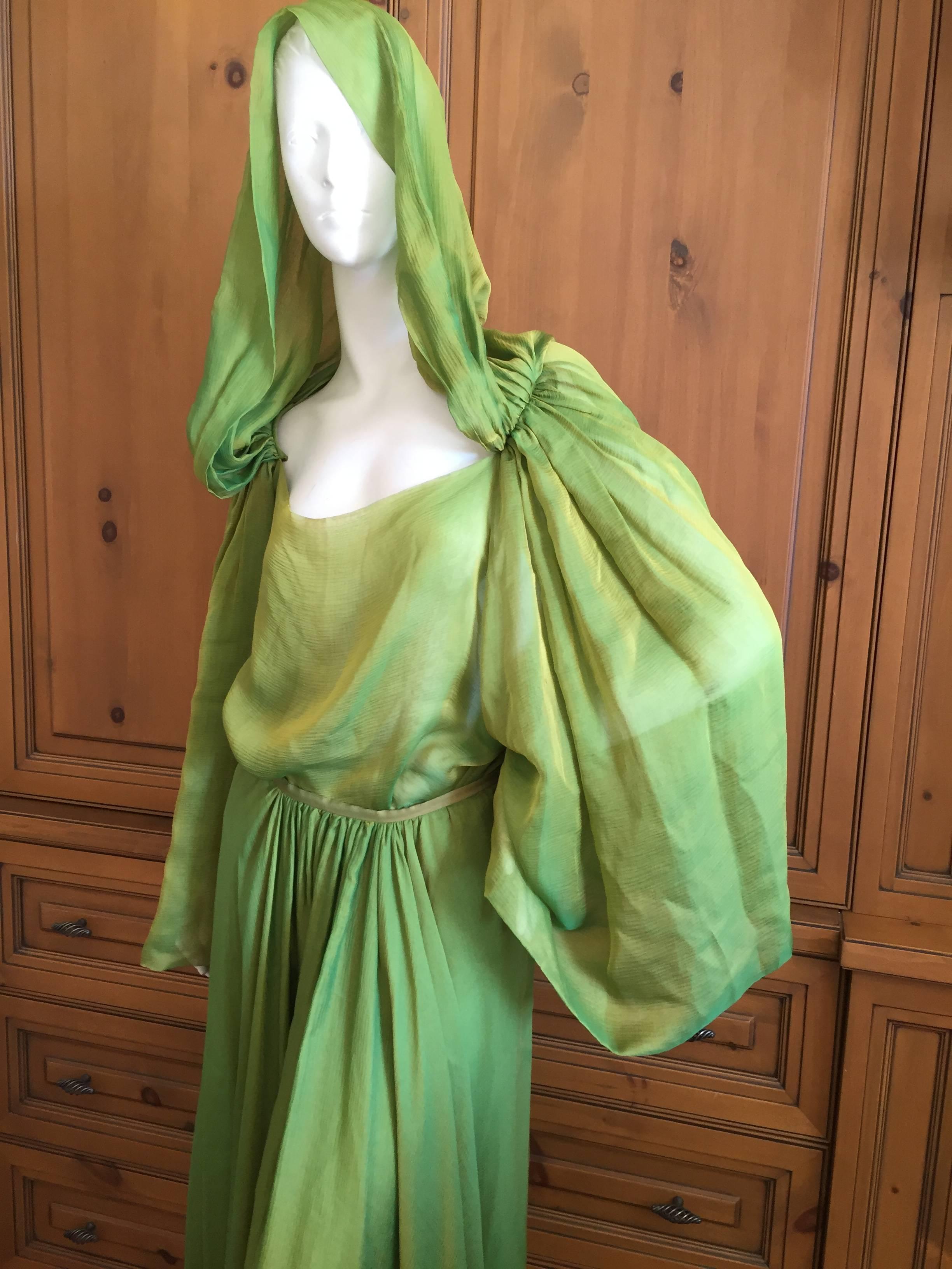 Oscar de la Renta Silk Chiffon Two Piece Dress with Hood,
Featuring a skirt with an assymetrical hemline, long in back, shoretr in front.
The top is unusual, and I am not certain I styled it right. It's a dramatic piece, from the early