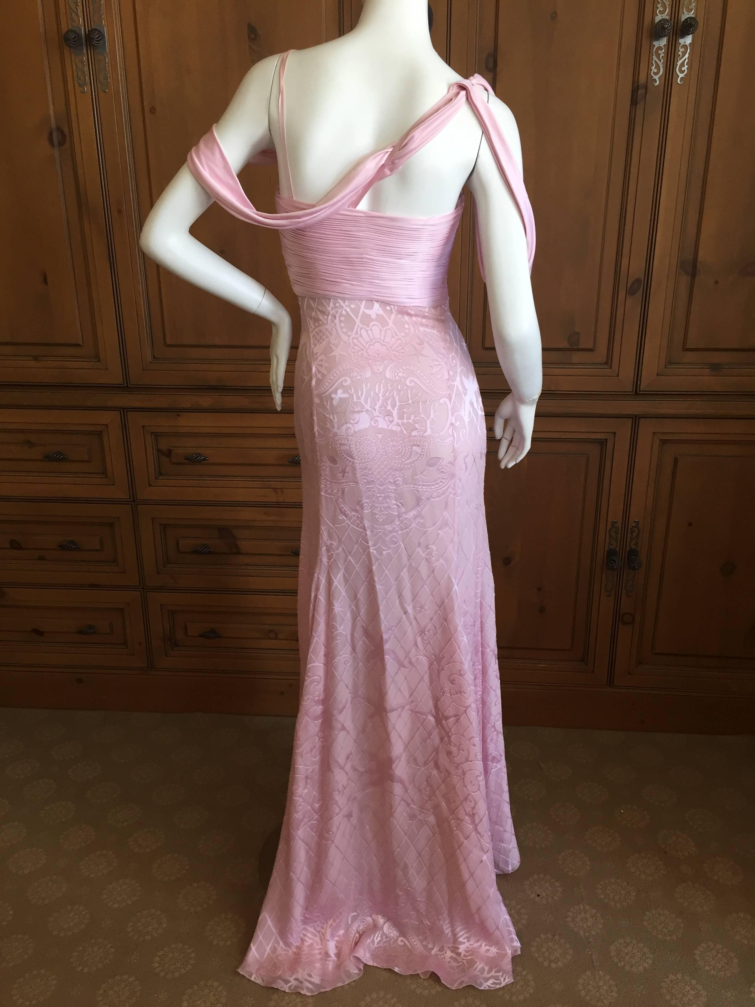Amazing pink goddess gown from Versace.
Sizzling hot, with pleated bust, great sea life pattern baroque fabric, and a very high sit. 
Designed by Donatella at her best, this is a wonderful Versace.
Size 38
Bust 36
