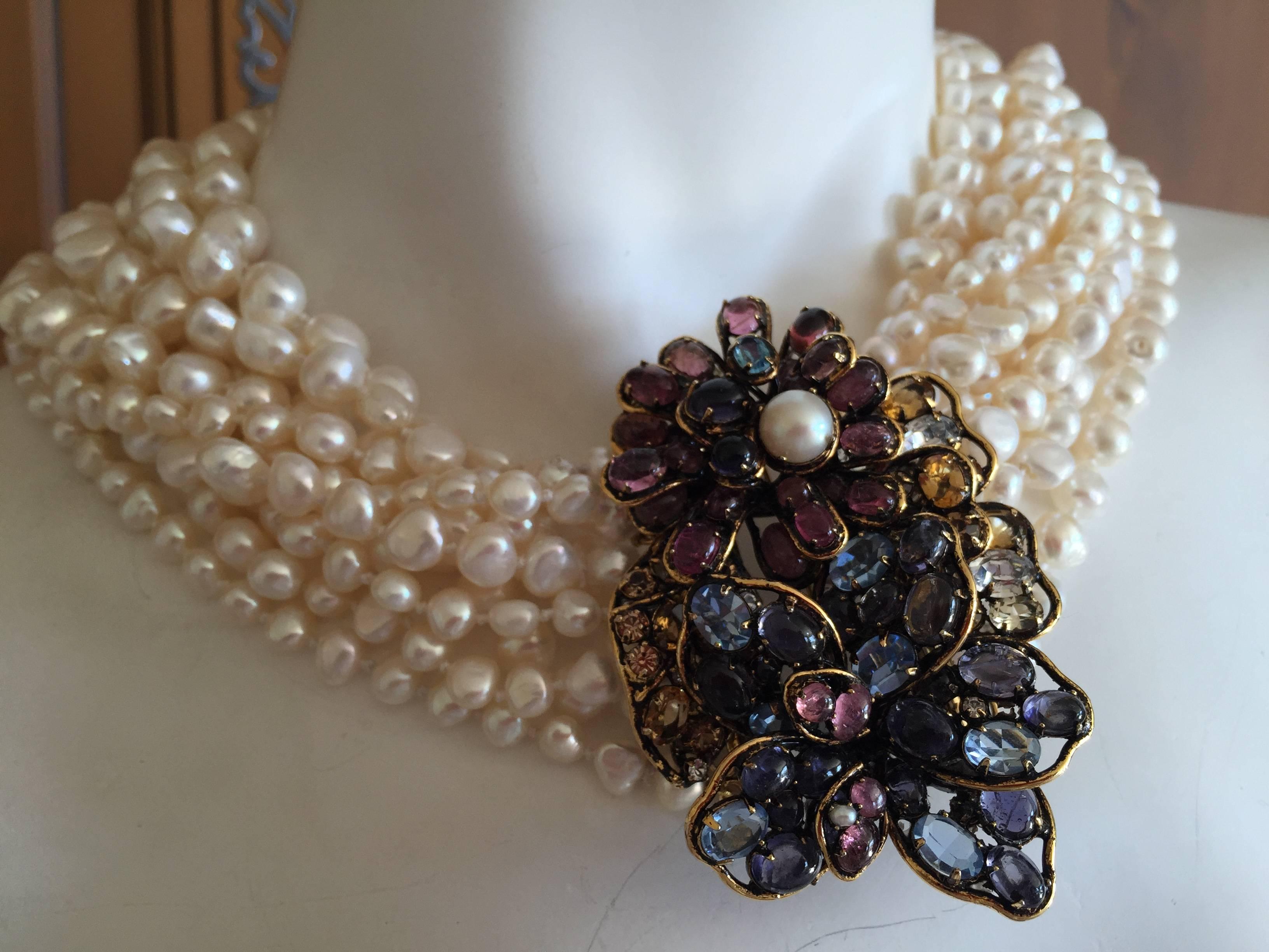 Iradj Moini Gem Floral Detachable Pin Clasp Multi Strand Cultured Pearl Necklac In Excellent Condition In Cloverdale, CA