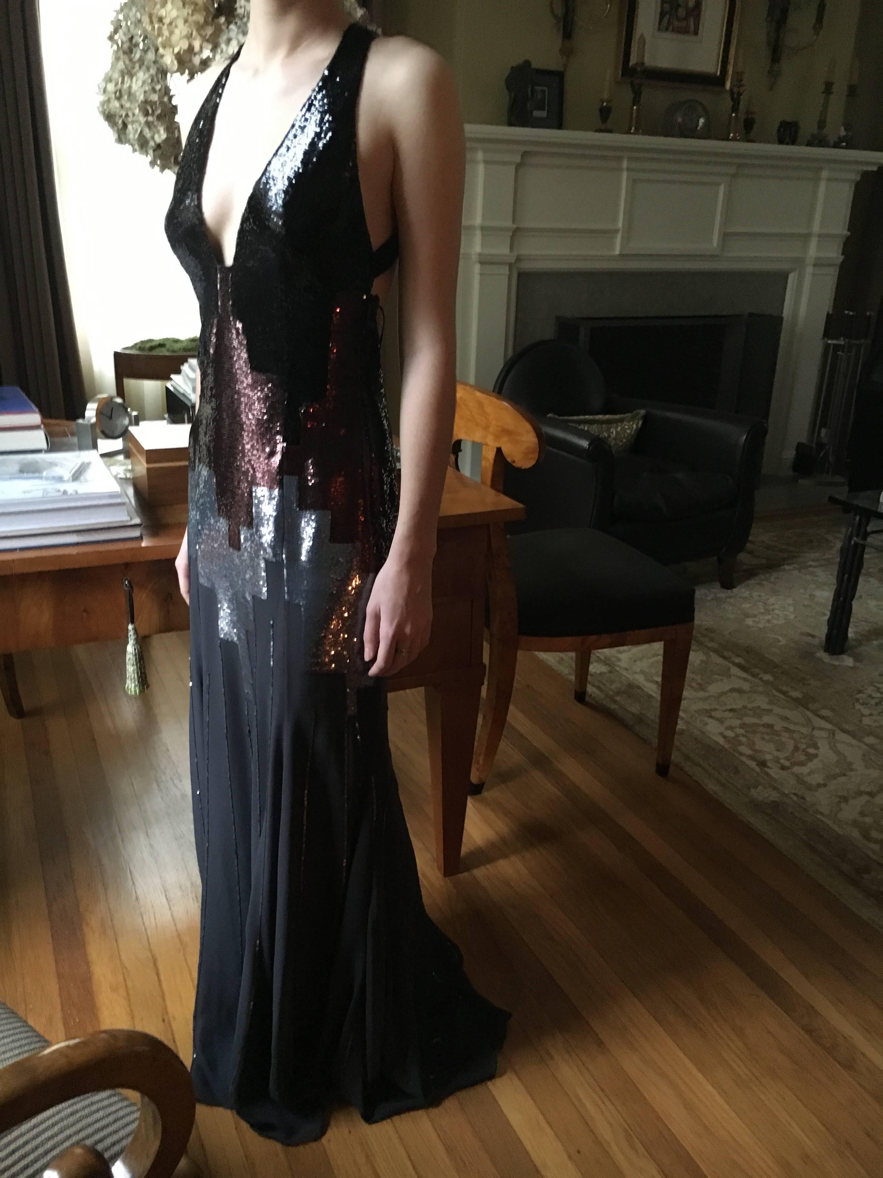 Black Versace Sequin Evening Dress with Deco Cityscape Design For Sale
