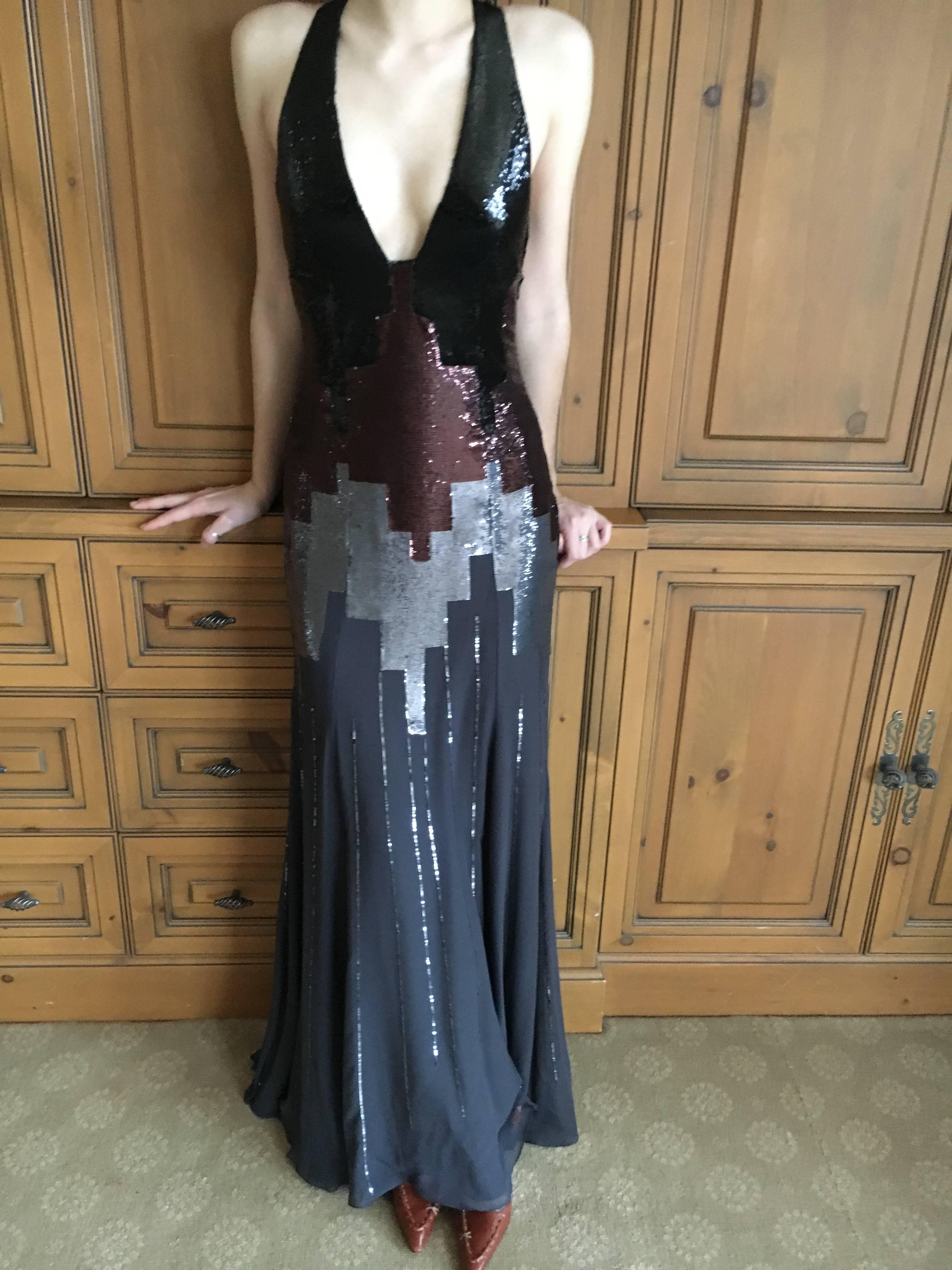 Versace Sequin Evening Dress with Deco Cityscape Design In Excellent Condition For Sale In Cloverdale, CA