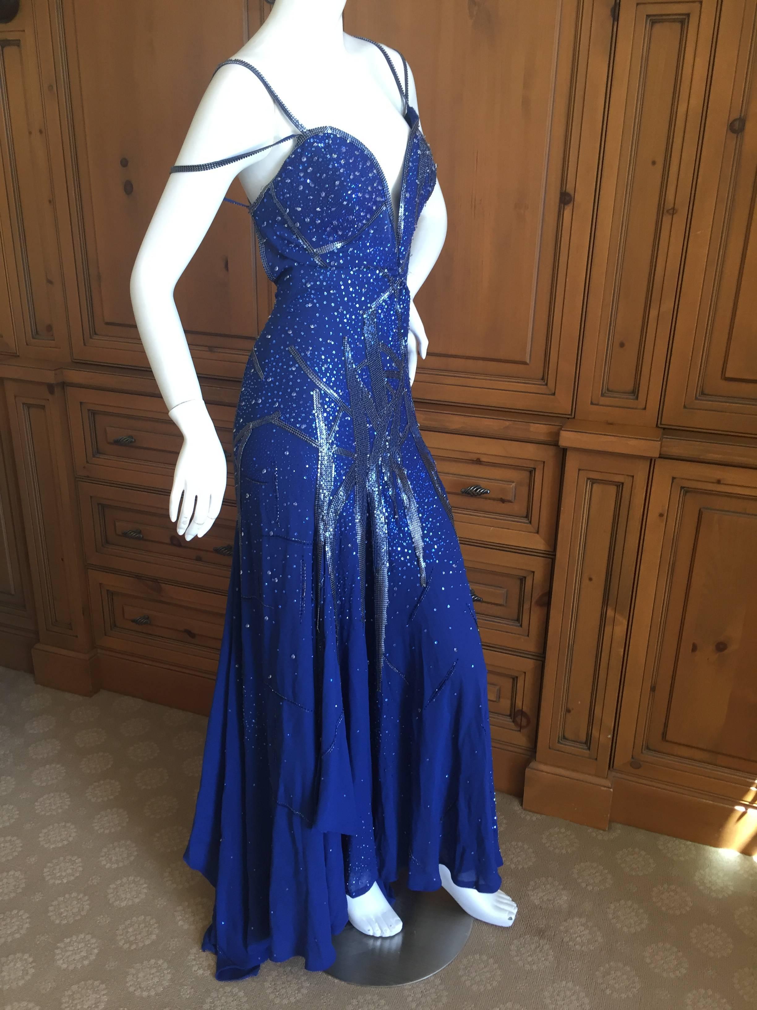 Women's Atelier Versace Gianni Era Blue Evening Dress with Metal Mesh and Crystal Detail For Sale