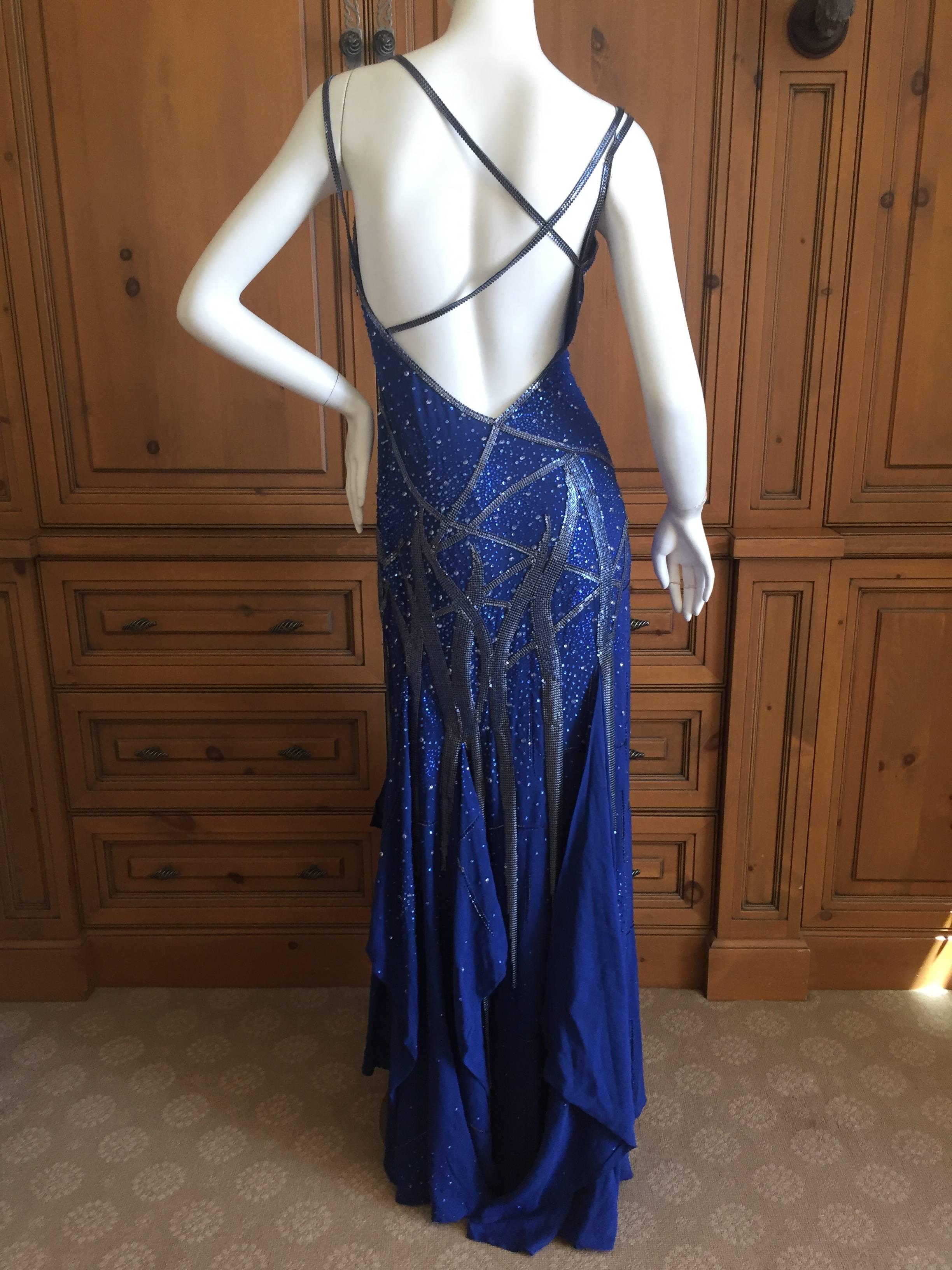 Atelier Versace Gianni Era Blue Evening Dress with Metal Mesh and Crystal Detail For Sale 1