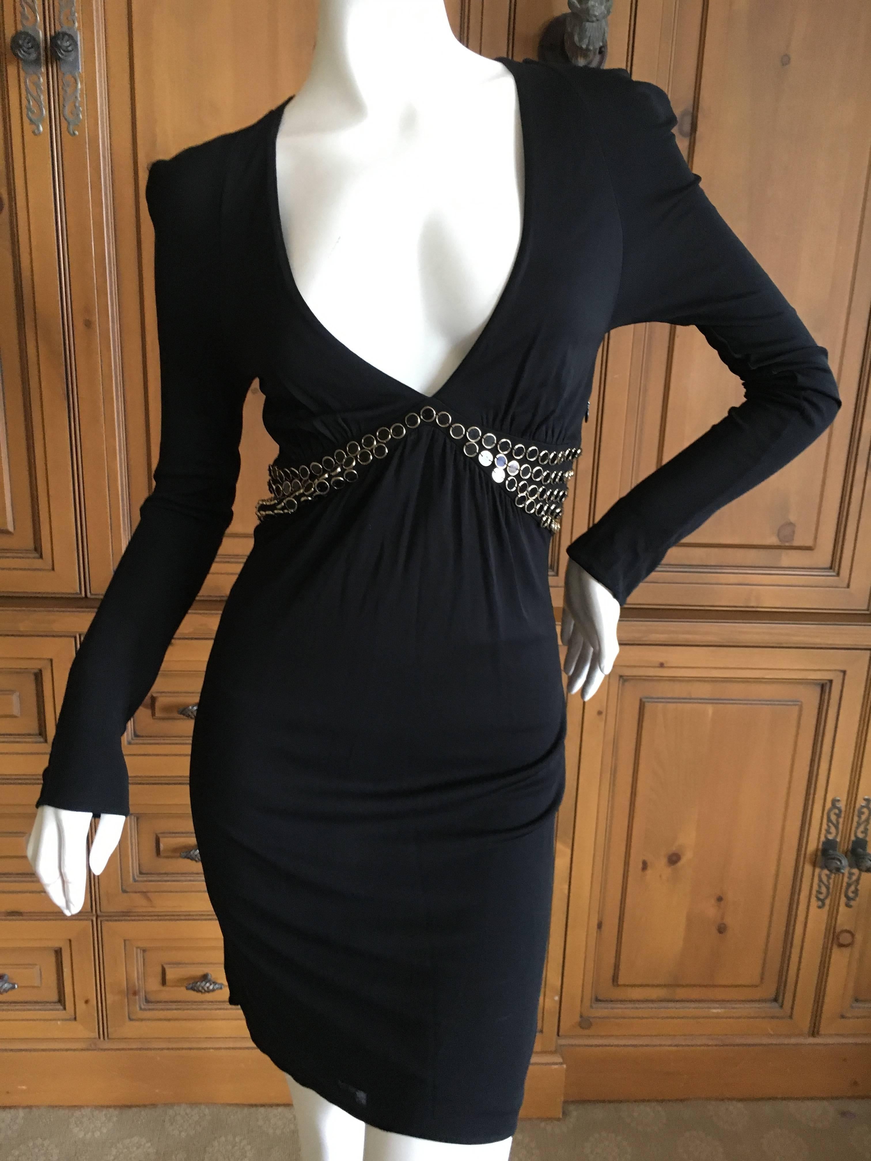 Gucci Low Cut Embellished Little Black Dress by Tom Ford.
This is so much prettier in person. 
The jewels at the belt line are glass jet set in gold bezels, so there is some weight to this.
Size L.
Bust 38'
Waist 28