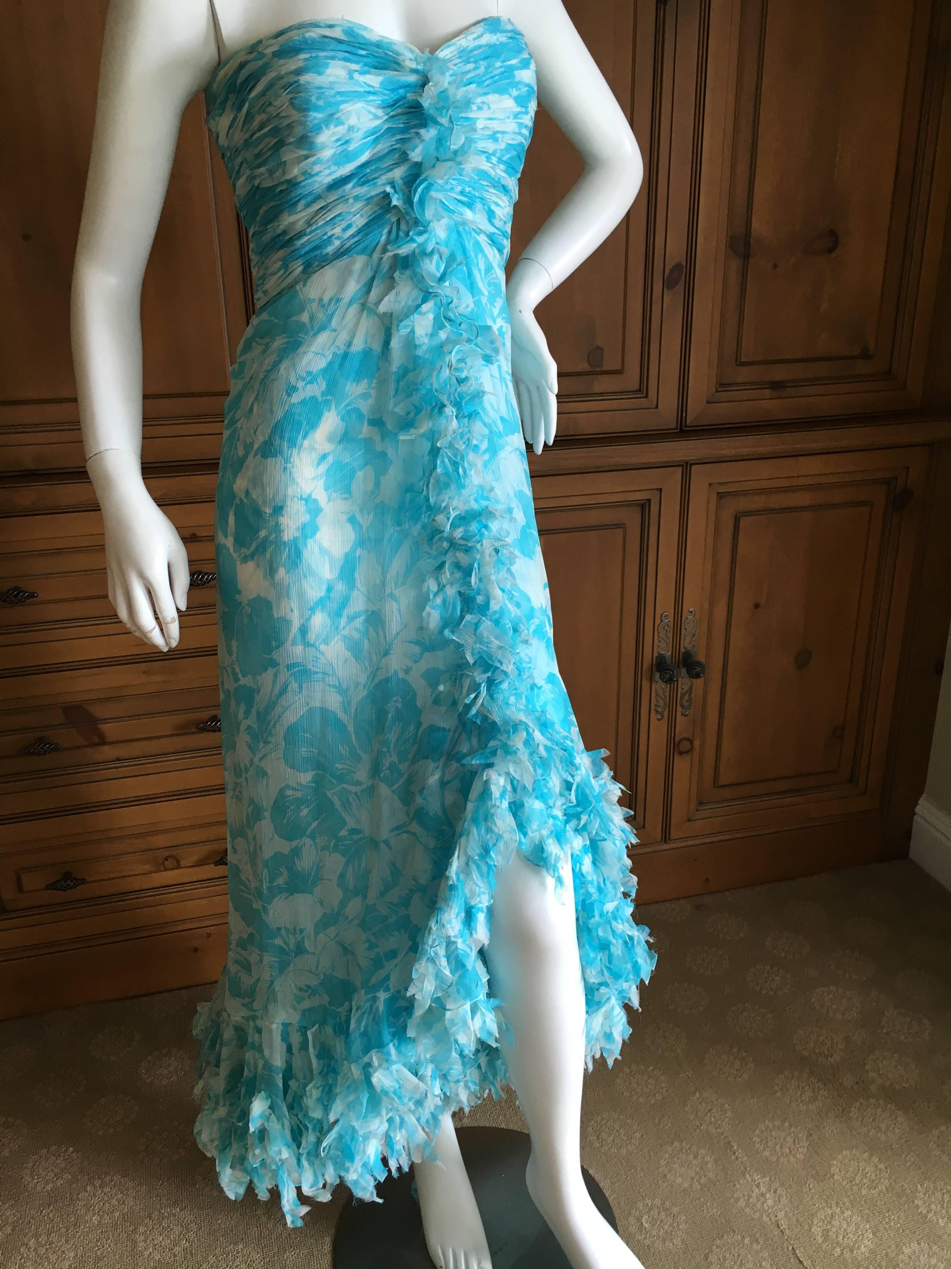 Blue Oscar de la Renta Ruffled Silk Strapless Vintage Cocktail Dress For Sale